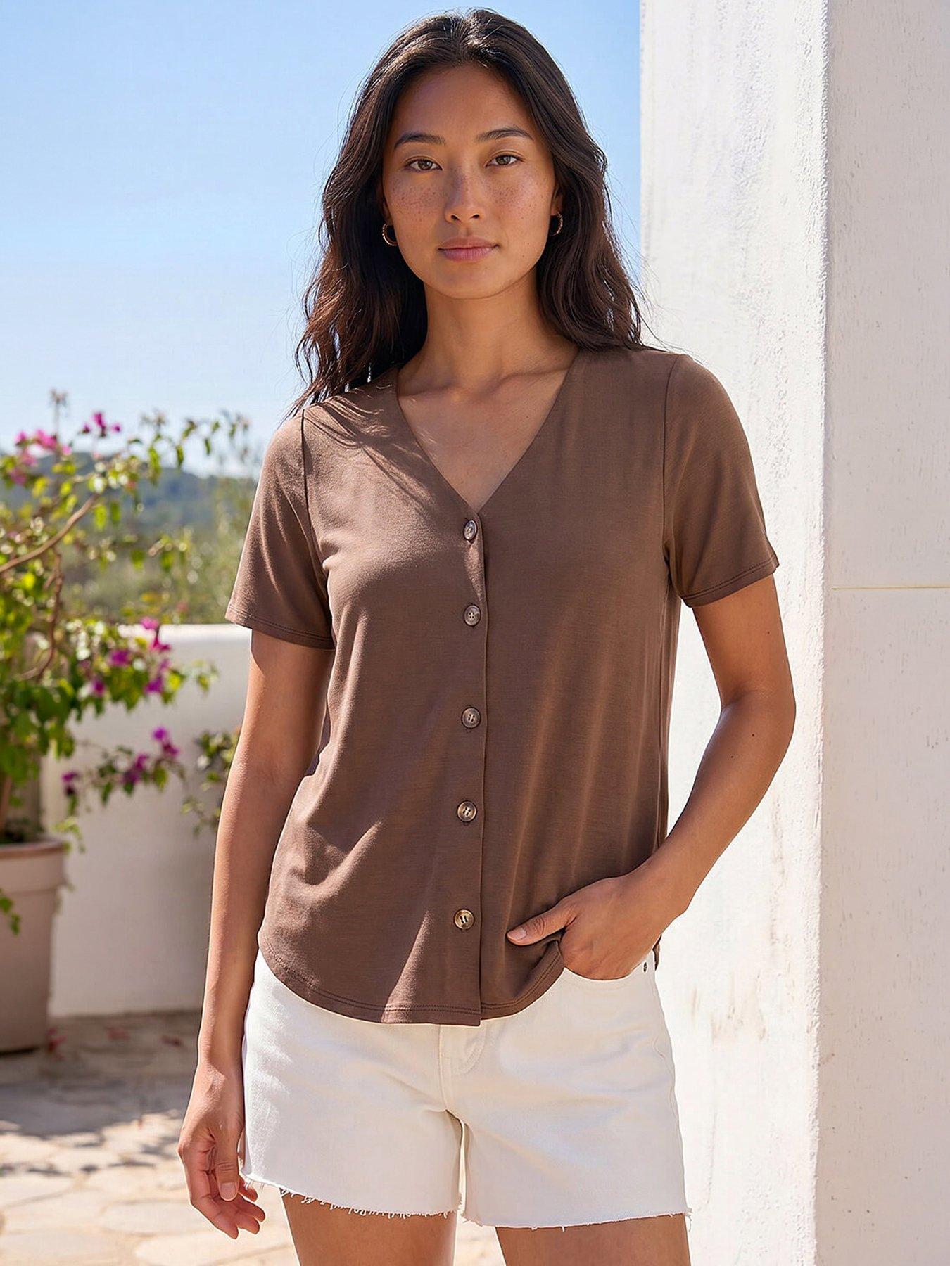 Roman Petite V-neck Buttoned Blouse
