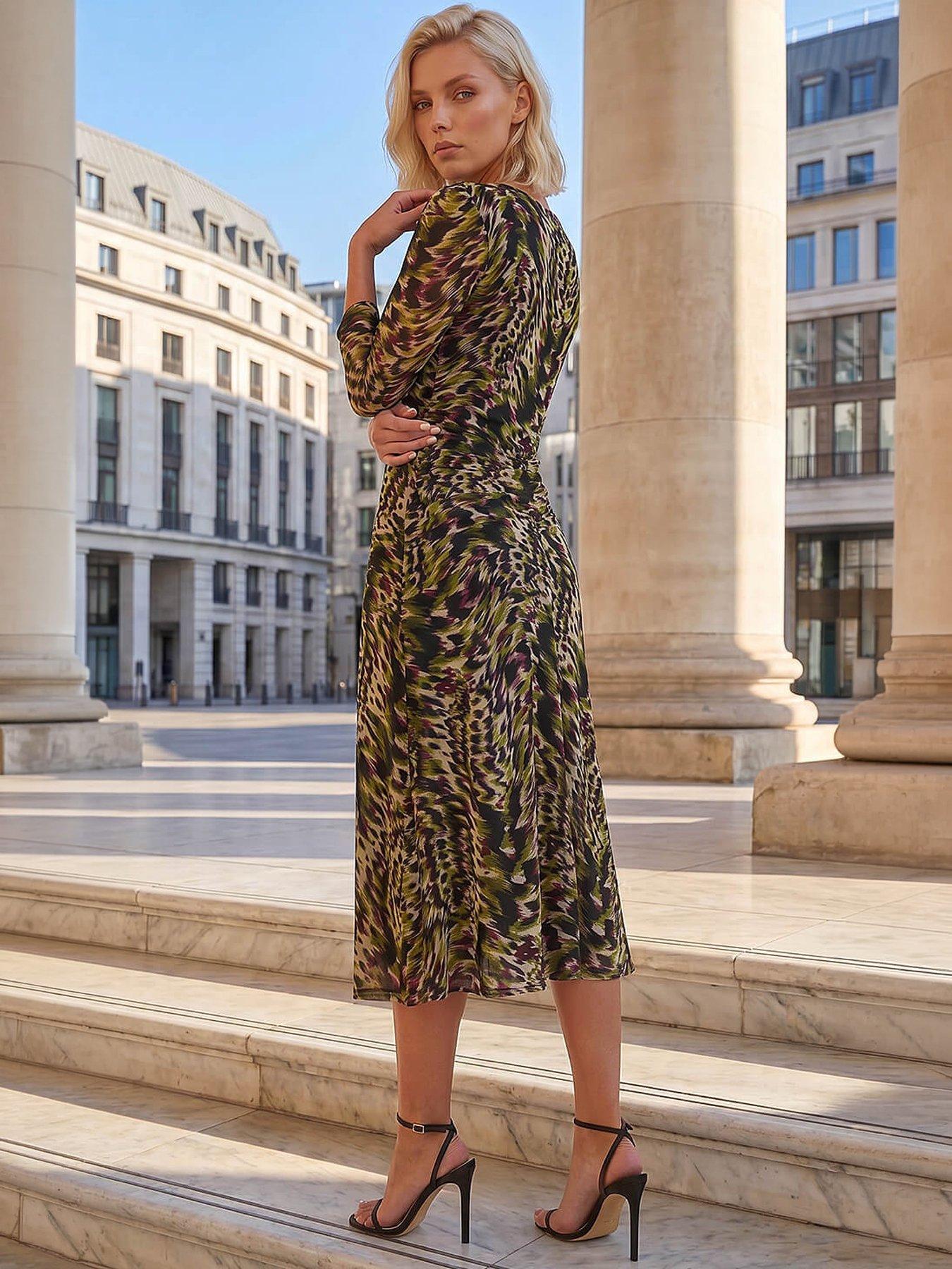 Image 3 of 4 of Roman Petite Printed Mesh Ruched Midi Dress
