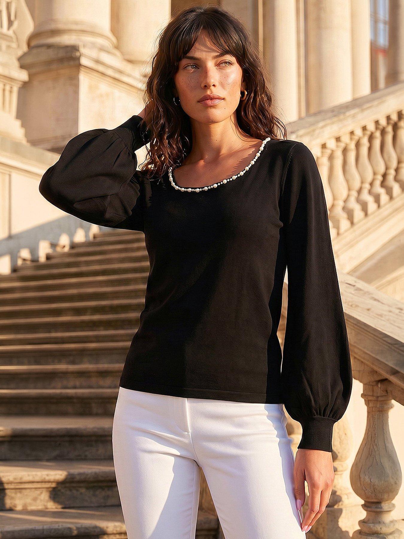 Image 1 of 4 of Roman Square Neck Pearl Trim Knit Jumper