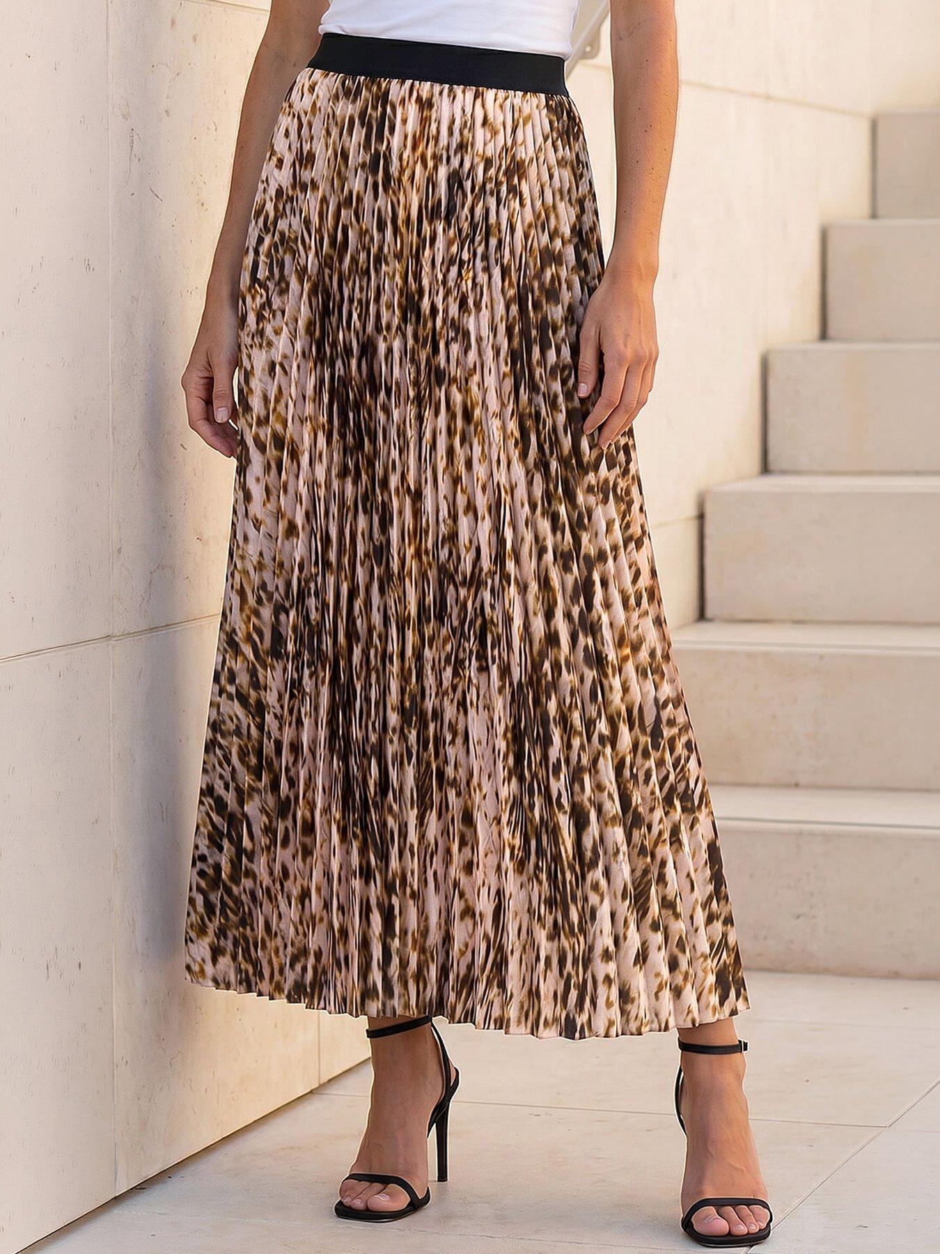 Roman Animal Print Pleated Midi Skirt