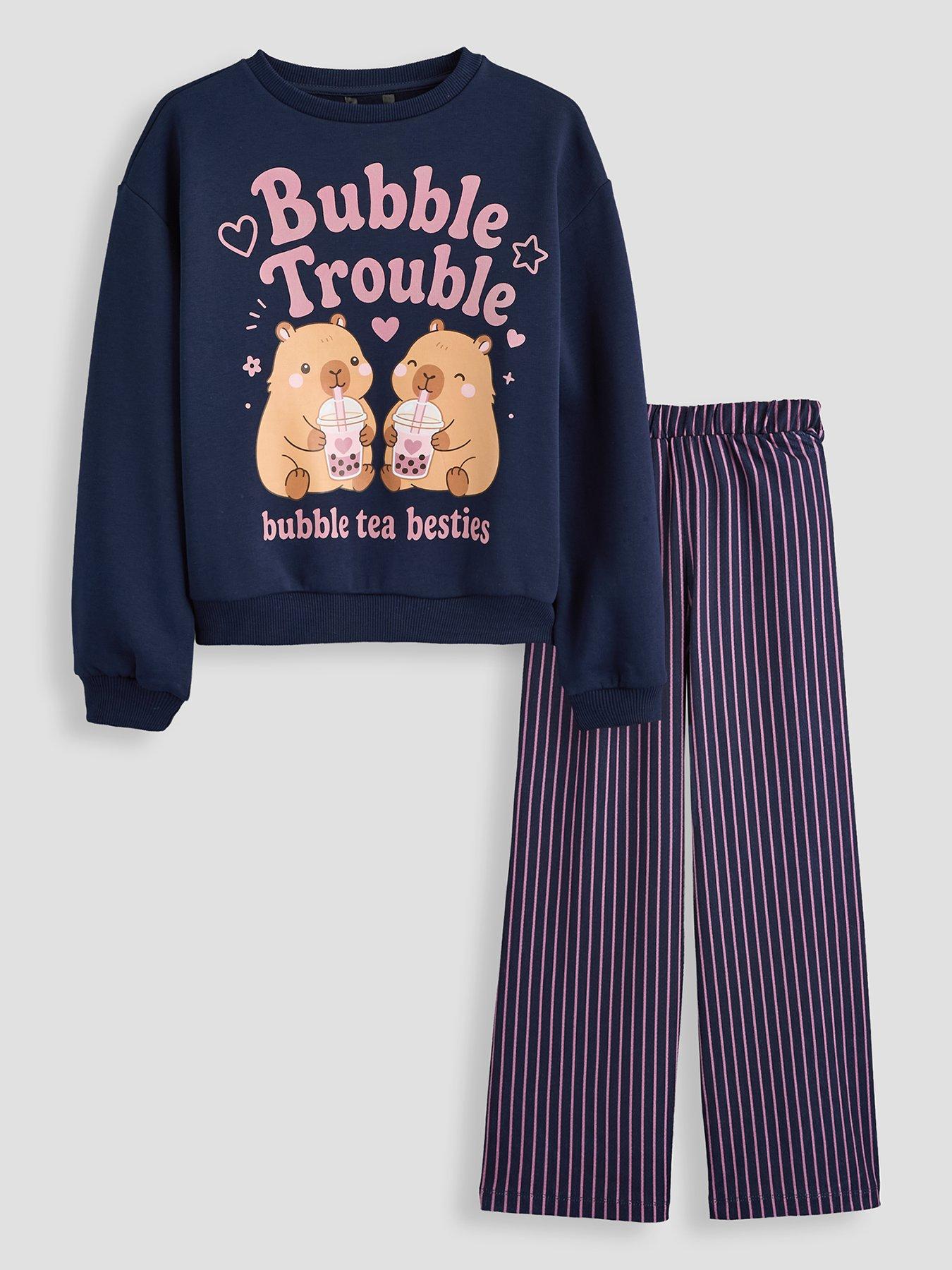 The Very Collection Girls Bubble Trouble Print Textured Stripe Outfit Set - Navy
