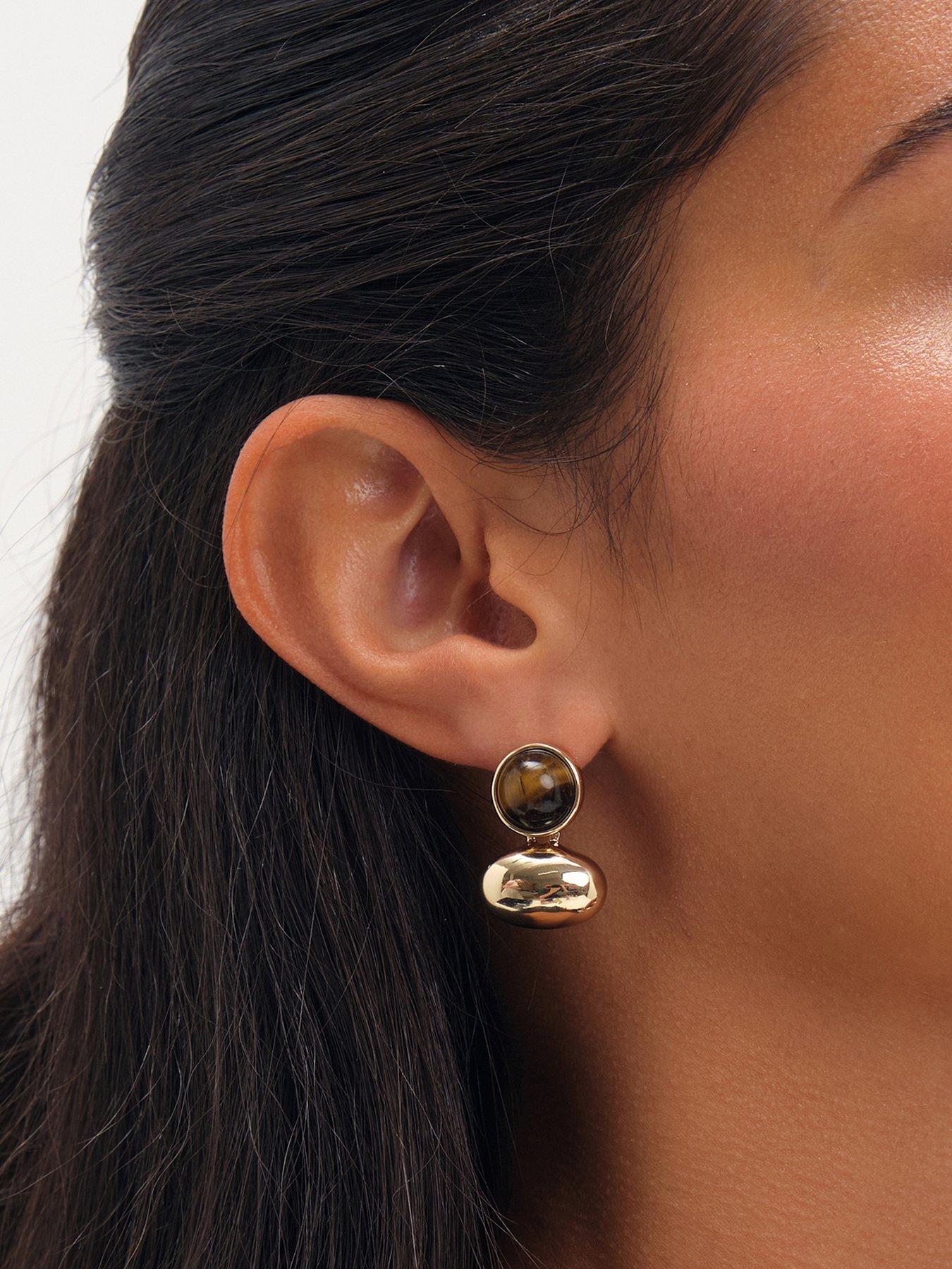 Image 1 of 3 of Jon Richard Jon Richard Gold Plated Tigers Eye And Polished Drop Earrings