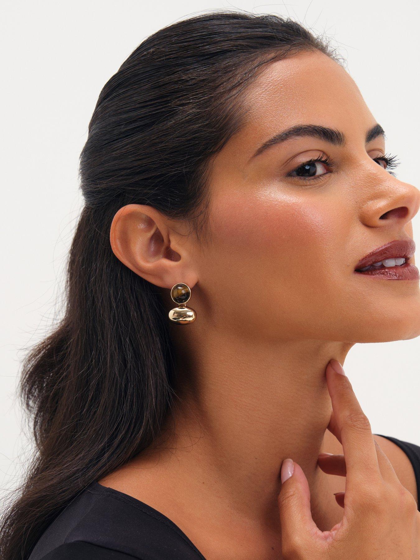 Image 3 of 3 of Jon Richard Jon Richard Gold Plated Tigers Eye And Polished Drop Earrings