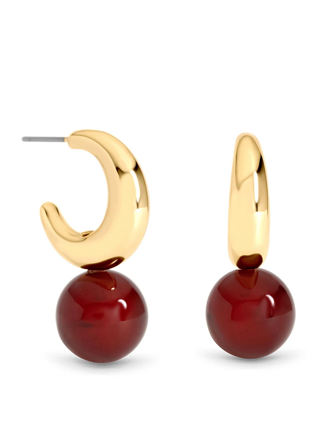 Image 1 of 2 of Mood Mood Gold Plated And Red Ball Drop Earrings