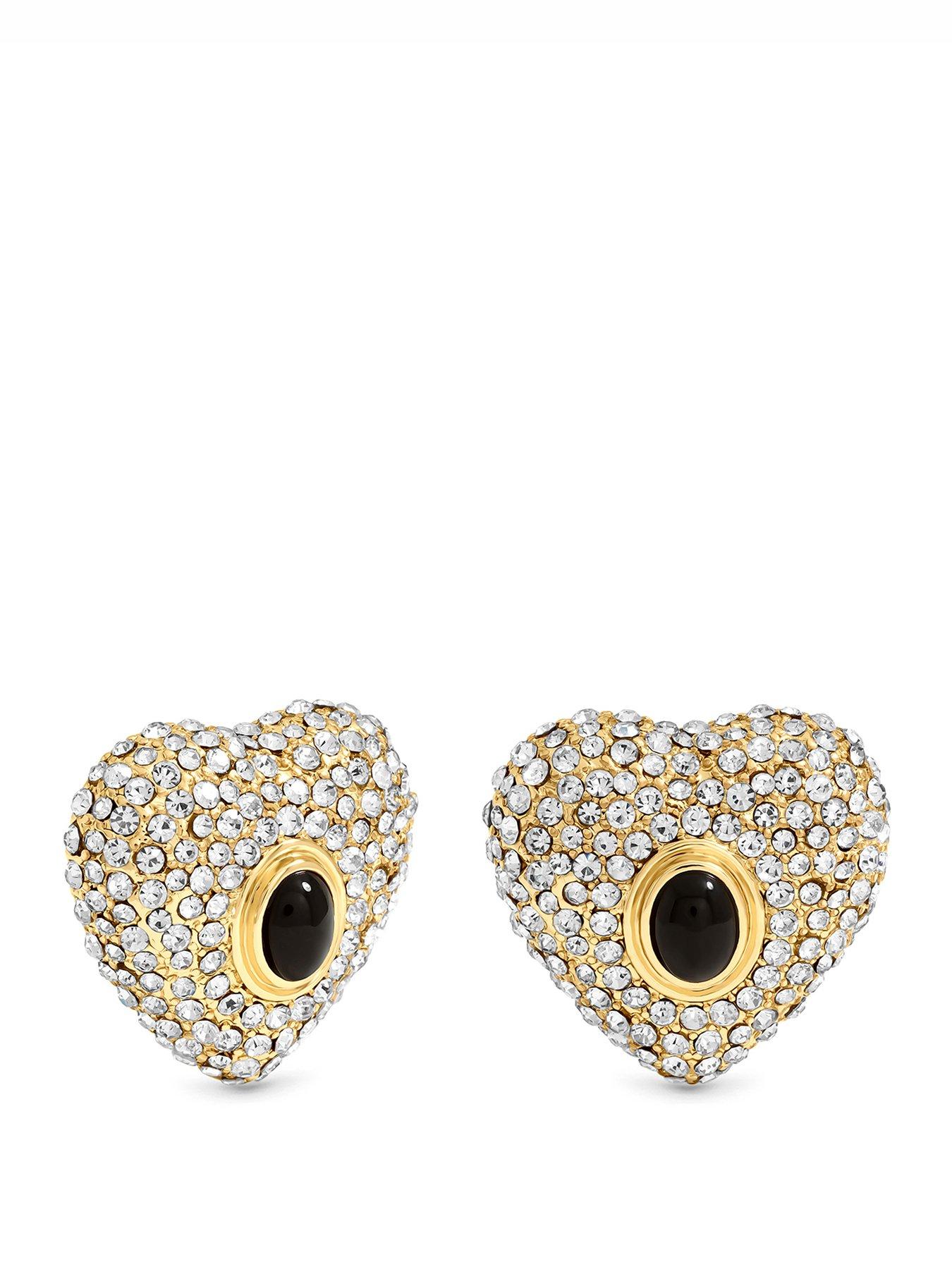 Mood Mood Gold Plated Pave And Jet Stone Heart Stud Earrings