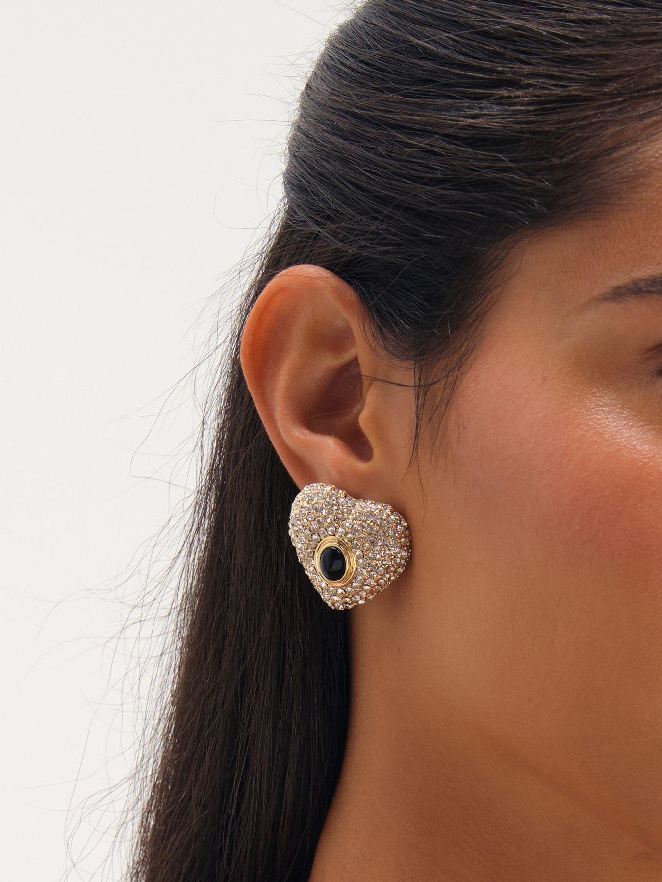Image 2 of 3 of Mood Mood Gold Plated Pave And Jet Stone Heart Stud Earrings