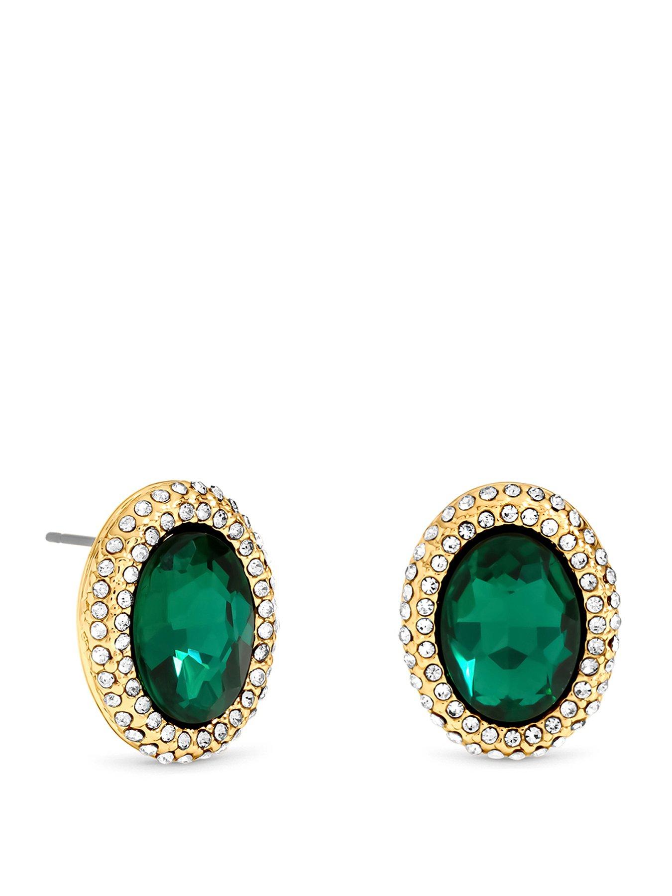 Image 1 of 3 of Mood Mood Gold Plated Crystal And Emerald Stud Earrings