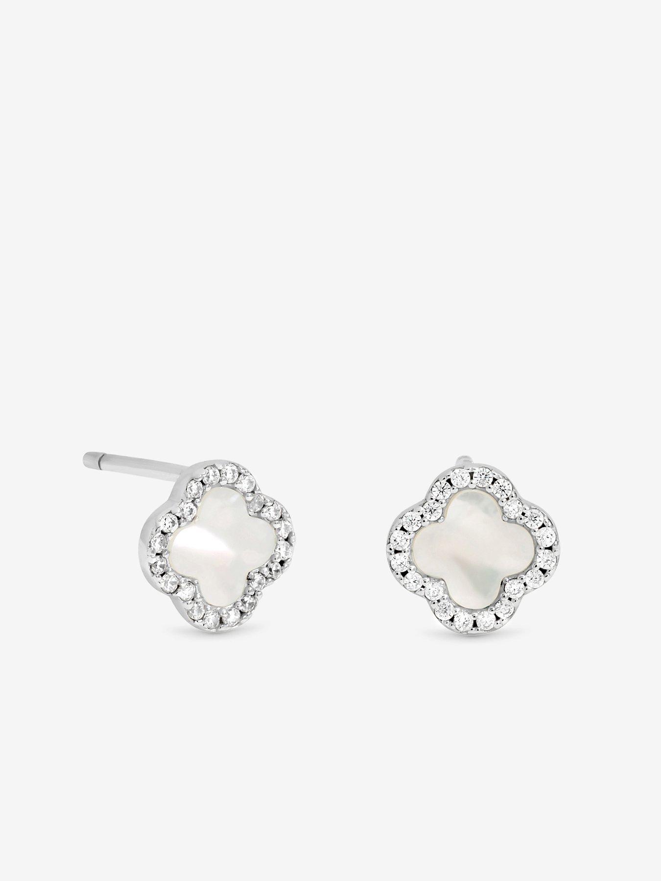 Image 3 of 3 of Simply Silver 925 Sterling Silver Pave Mother Of Pearl Clover Stud Earrings