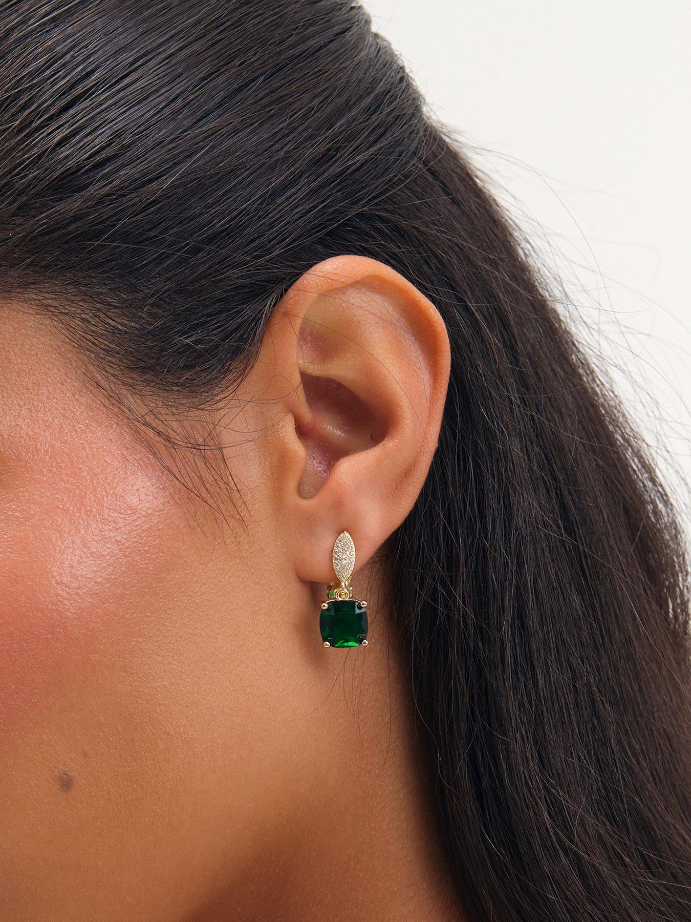Image 1 of 3 of Jon Richard Jon Richard Rhodium Plated Cubic Zirconia Emerald Drop Clip Earrings