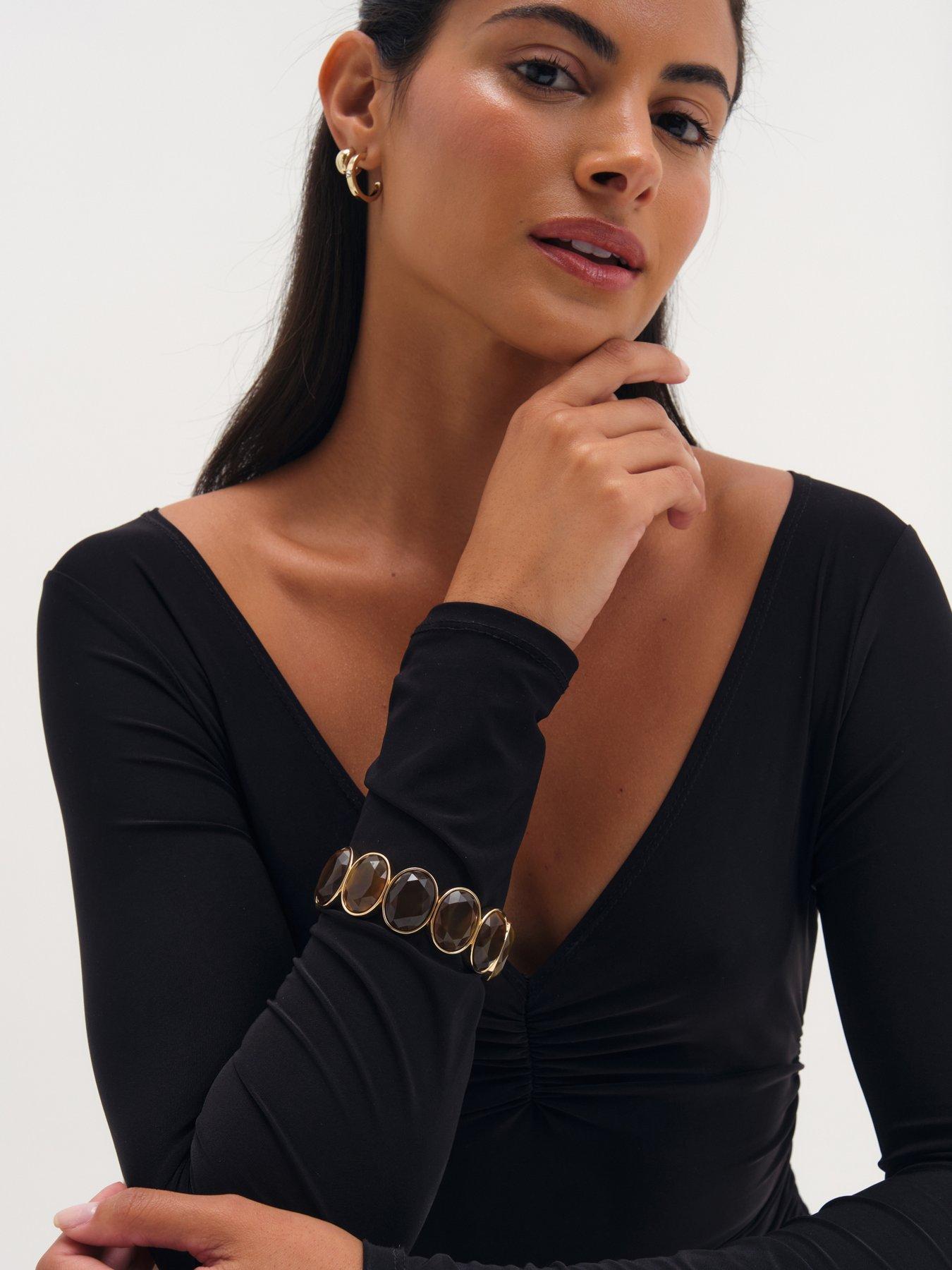Image 3 of 3 of Mood Mood Gold Plated Brown Statement Stretch Bracelet