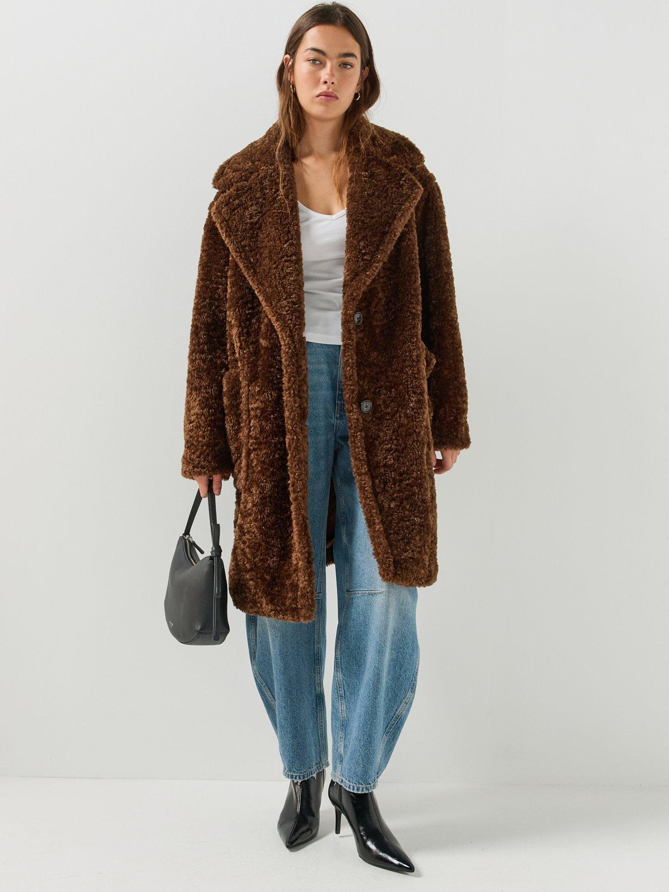 Image 1 of 6 of HUGO Womens Midlength Teddy Coat - Brown