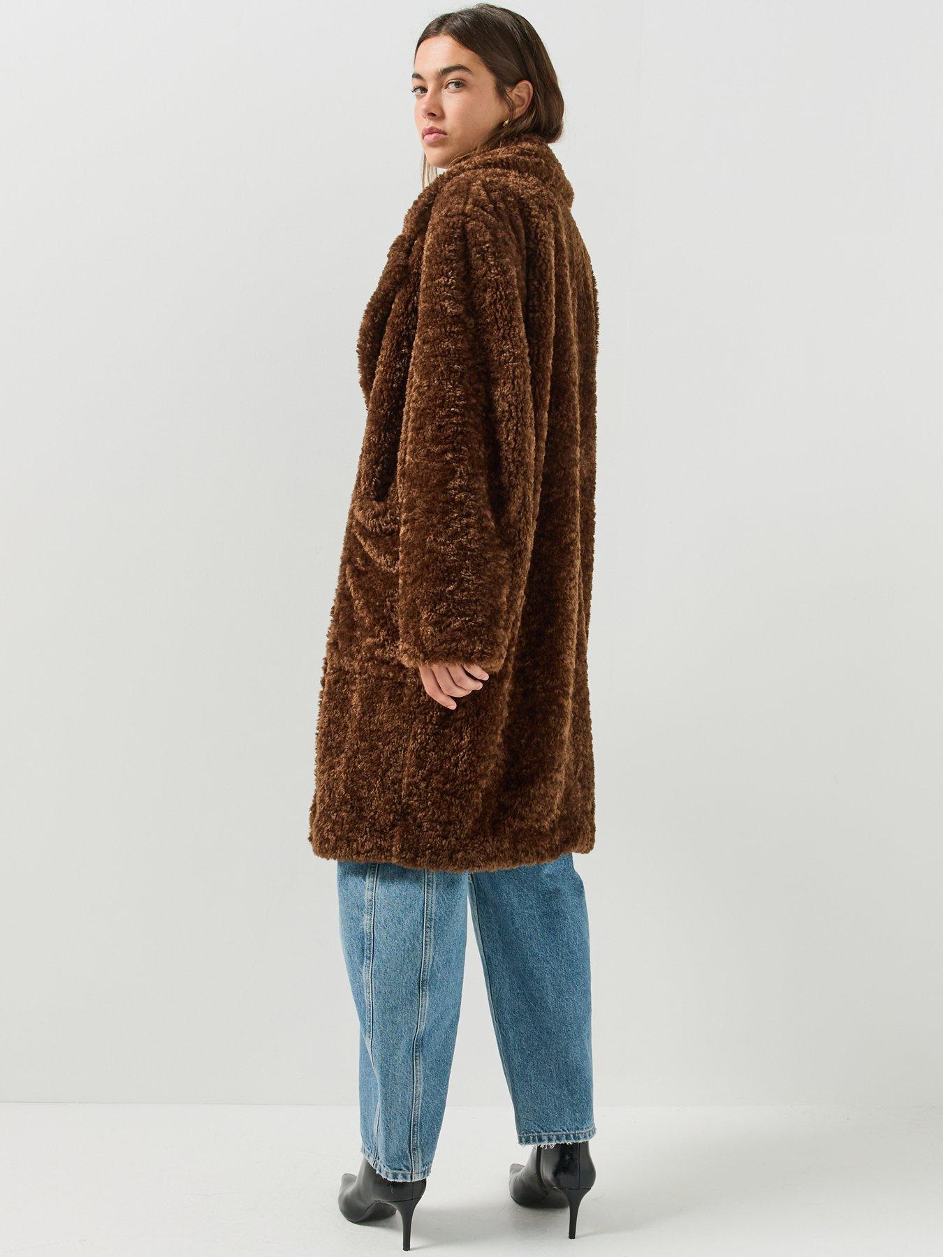 Image 2 of 6 of HUGO Womens Midlength Teddy Coat - Brown
