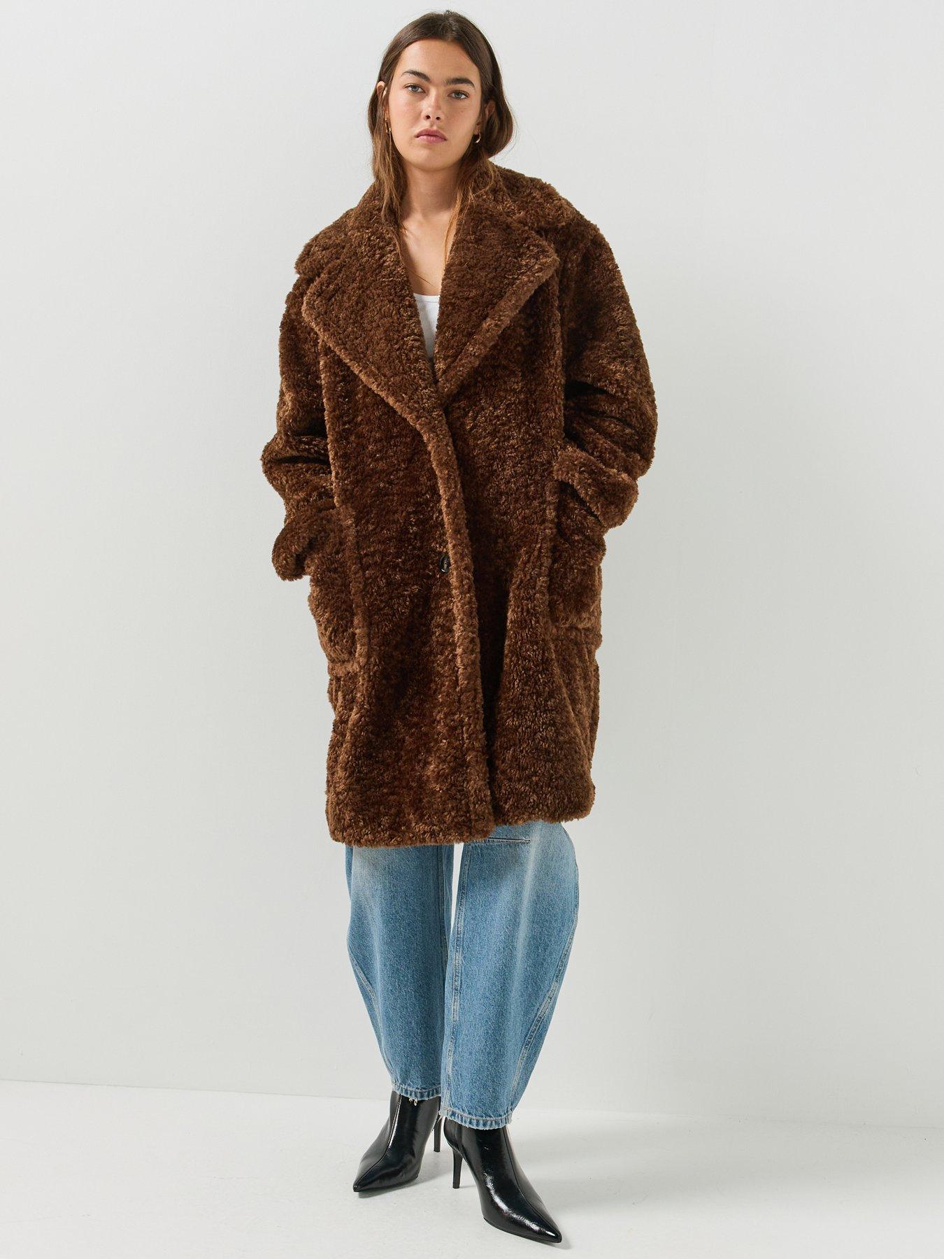 Image 3 of 6 of HUGO Womens Midlength Teddy Coat - Brown
