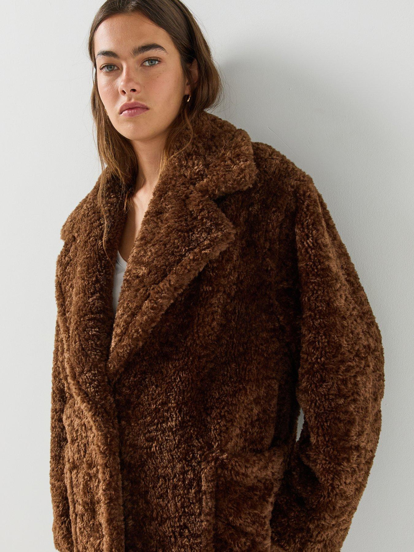 Image 4 of 6 of HUGO Womens Midlength Teddy Coat - Brown