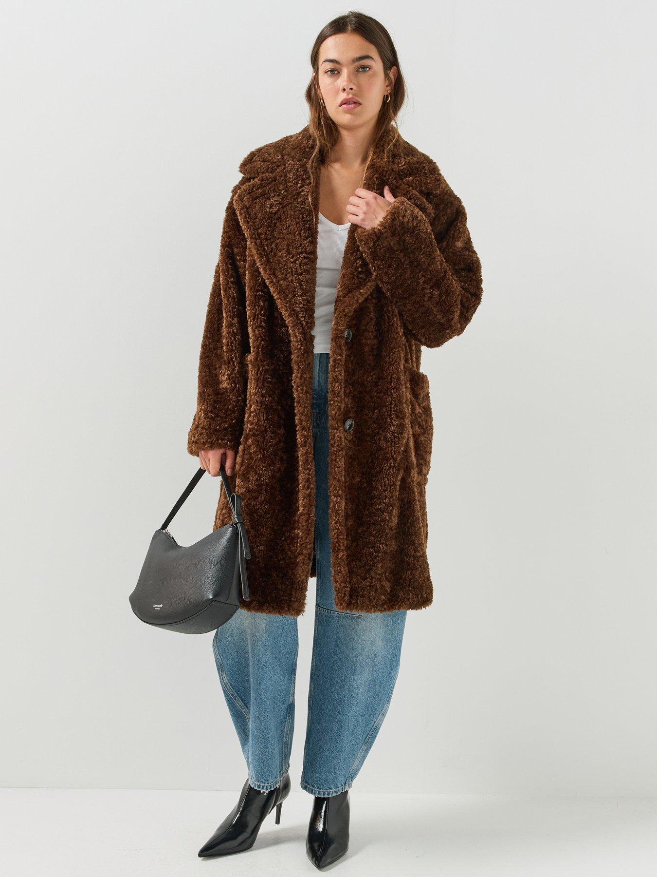 Image 6 of 6 of HUGO Womens Midlength Teddy Coat - Brown