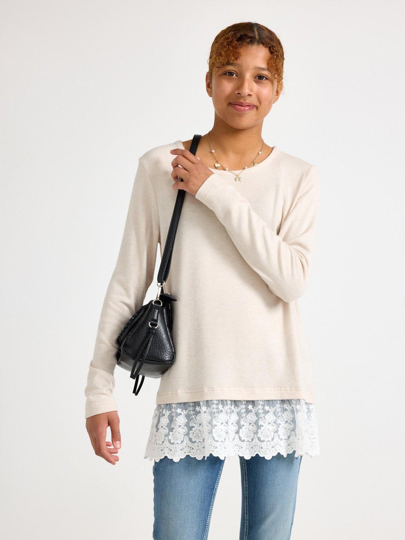 Image 1 of 4 of Lindex Girls Lace Trim Stretch Long Sleeve Top - Beige
