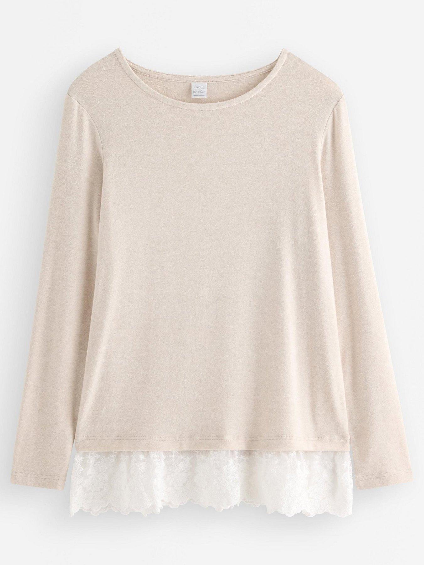 Image 2 of 4 of Lindex Girls Lace Trim Stretch Long Sleeve Top - Beige