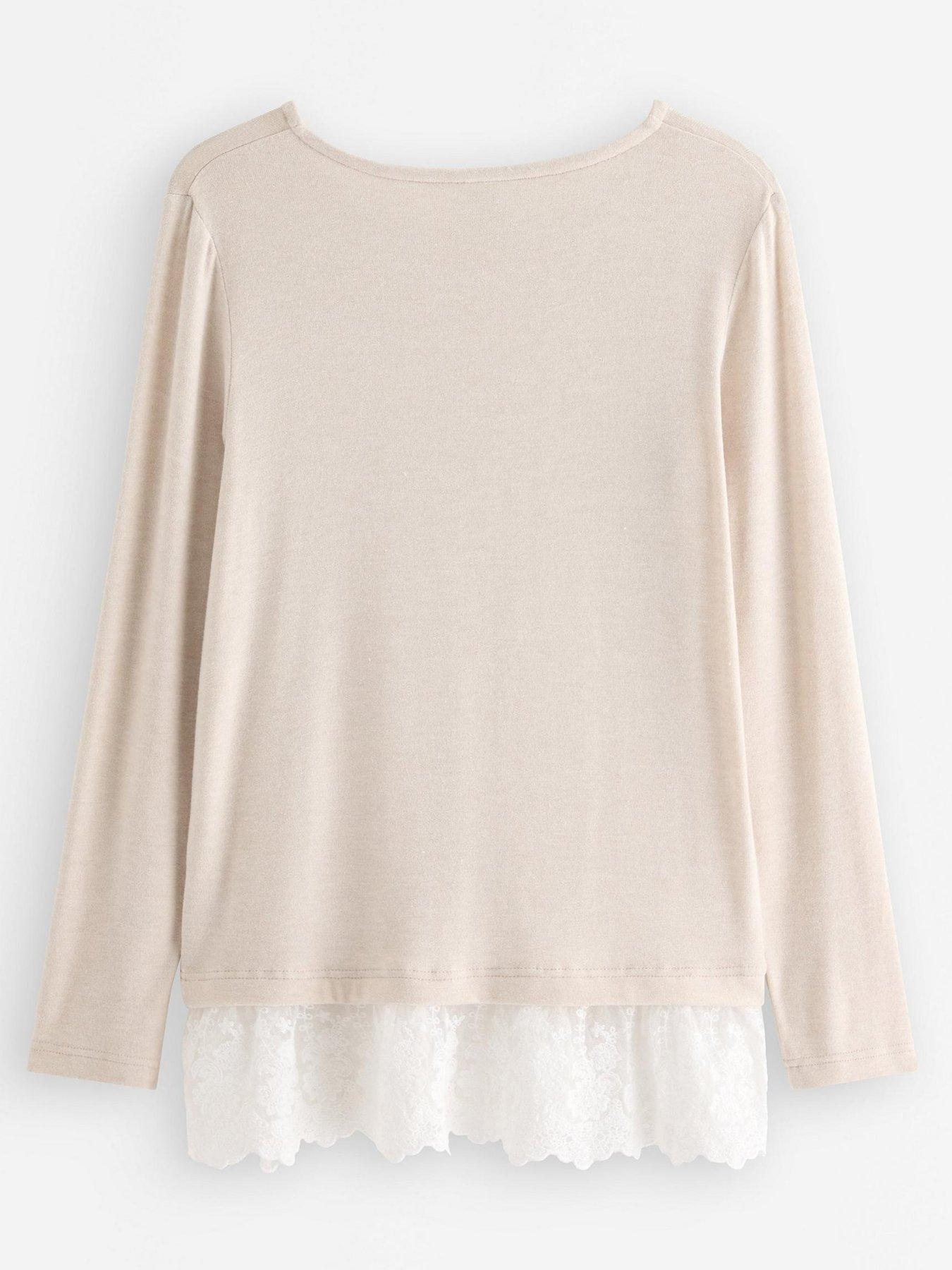 Image 3 of 4 of Lindex Girls Lace Trim Stretch Long Sleeve Top - Beige