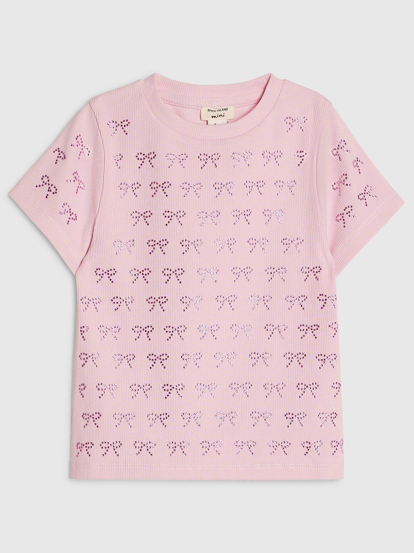 Image 1 of 4 of River Island Mini Girls Embellished Bow Print Ribbed T-Shirt - Pink