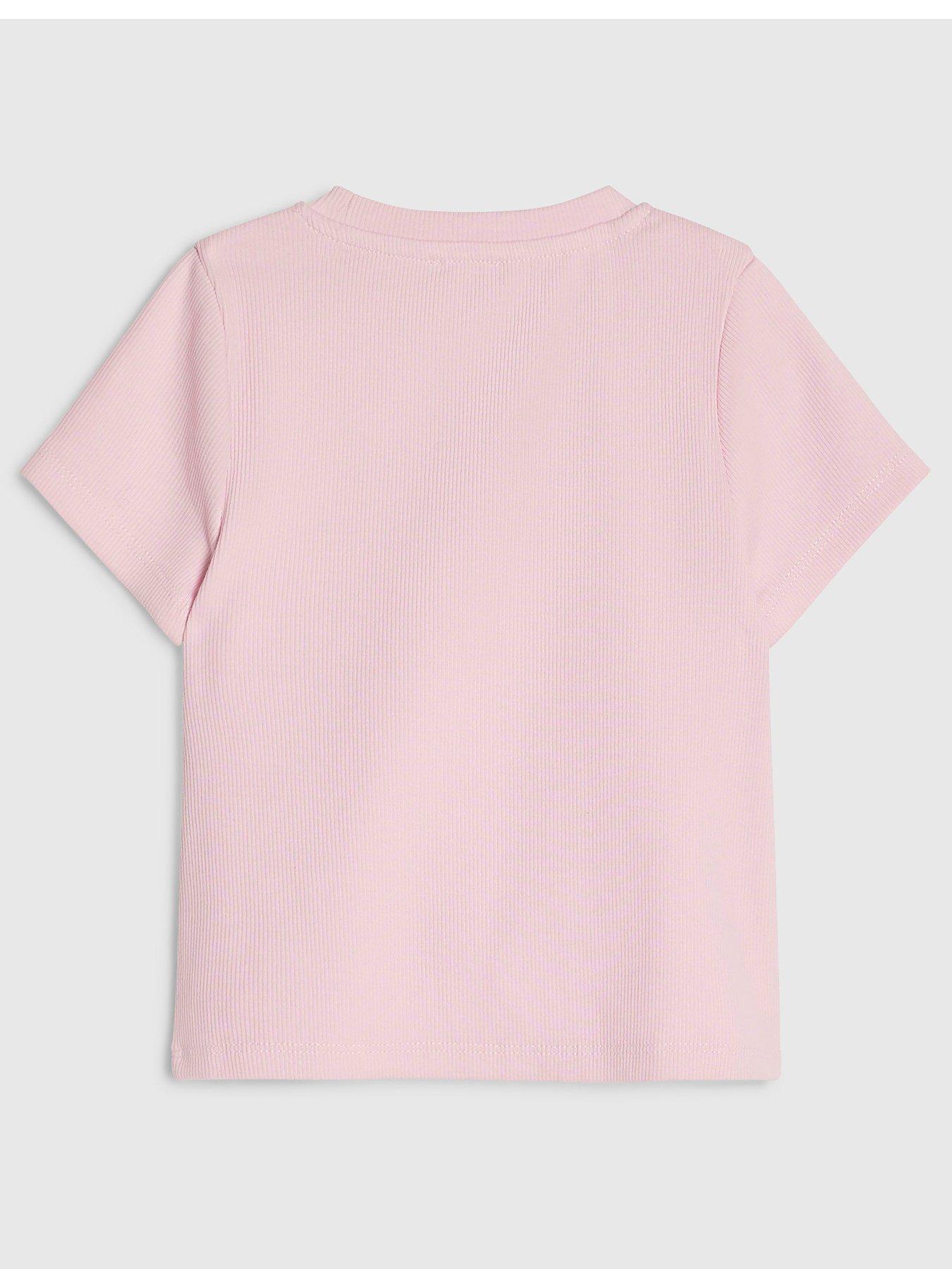 Image 2 of 4 of River Island Mini Girls Embellished Bow Print Ribbed T-Shirt - Pink
