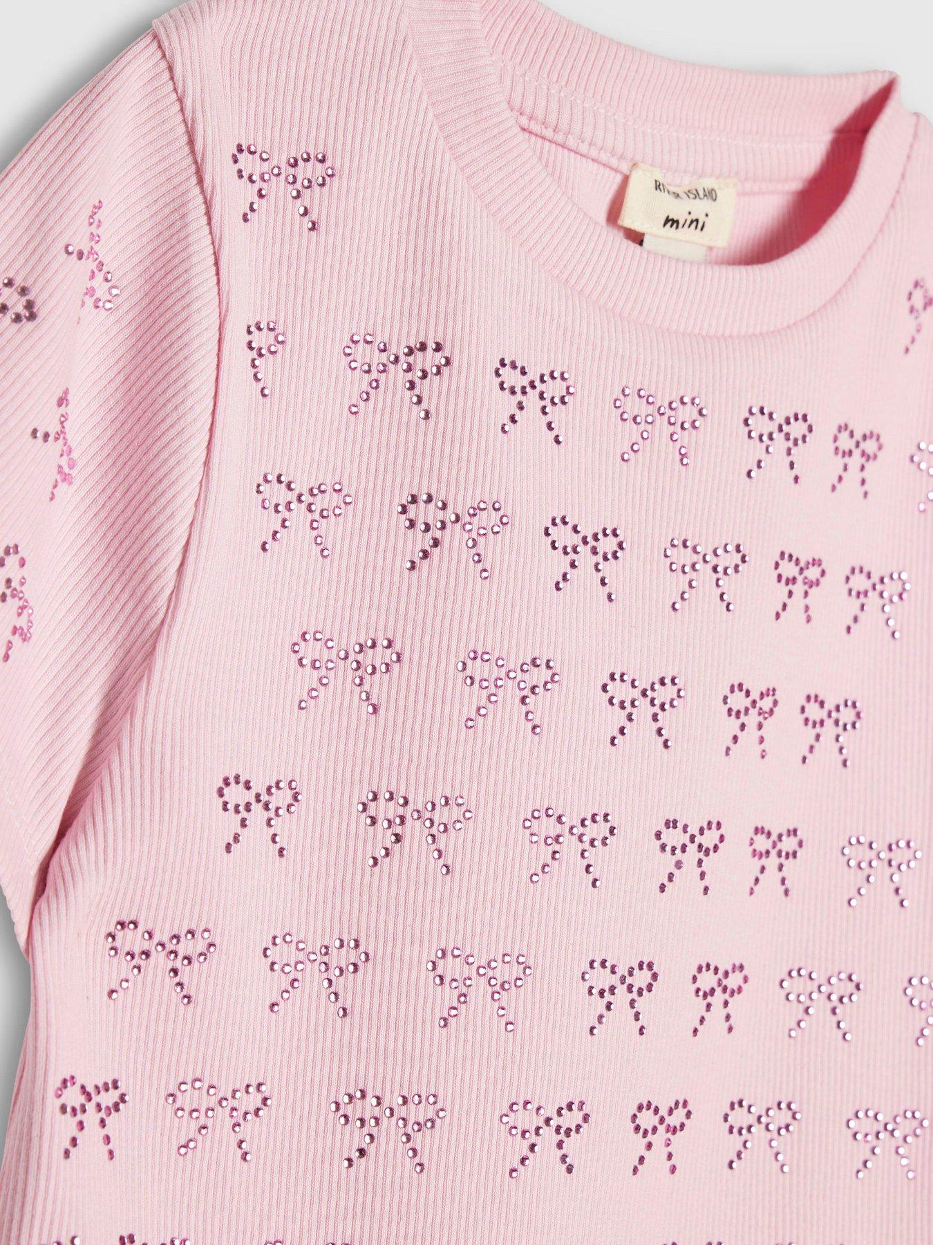 Image 3 of 4 of River Island Mini Girls Embellished Bow Print Ribbed T-Shirt - Pink