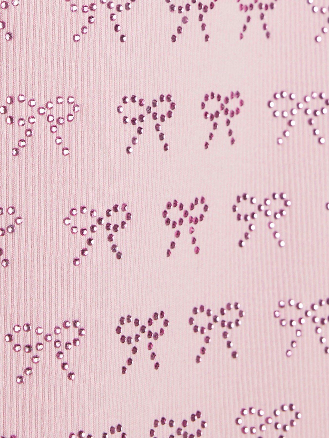 Image 4 of 4 of River Island Mini Girls Embellished Bow Print Ribbed T-Shirt - Pink