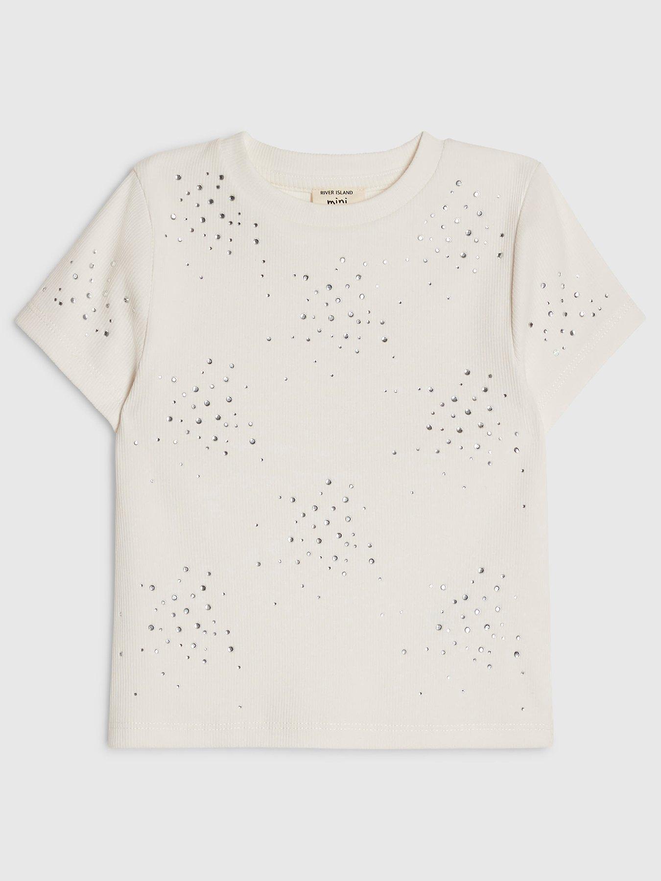 River Island Mini Girls Embellished Ribbed T-Shirt - Cream