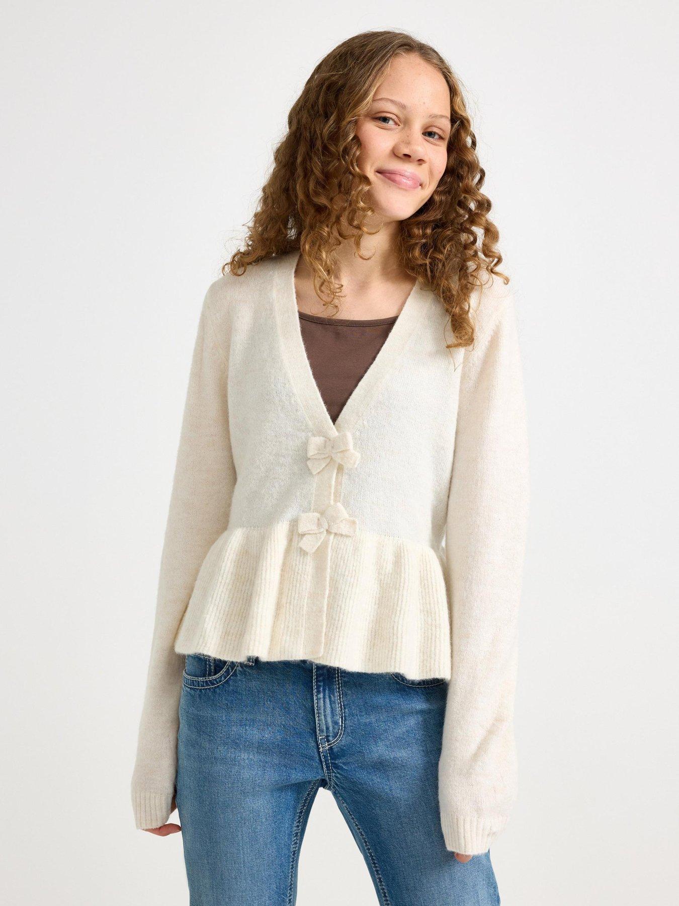 Image 1 of 4 of Lindex Girls Peplum Bow V-Neck Cardigan - Beige