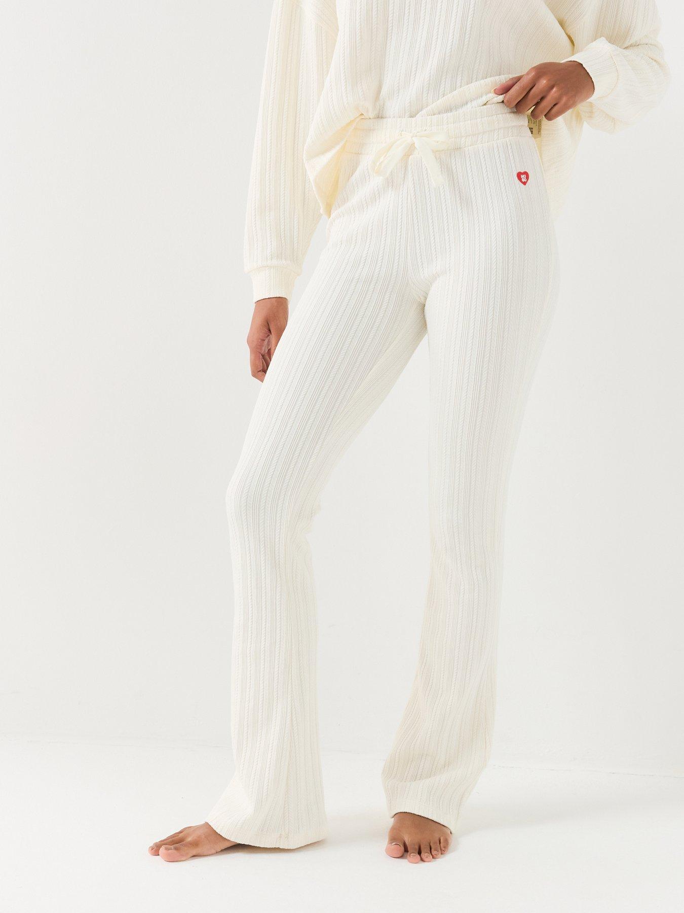 Image 1 of 6 of HUGO Womens Cozy Ribbed Flared Trousers - Cream