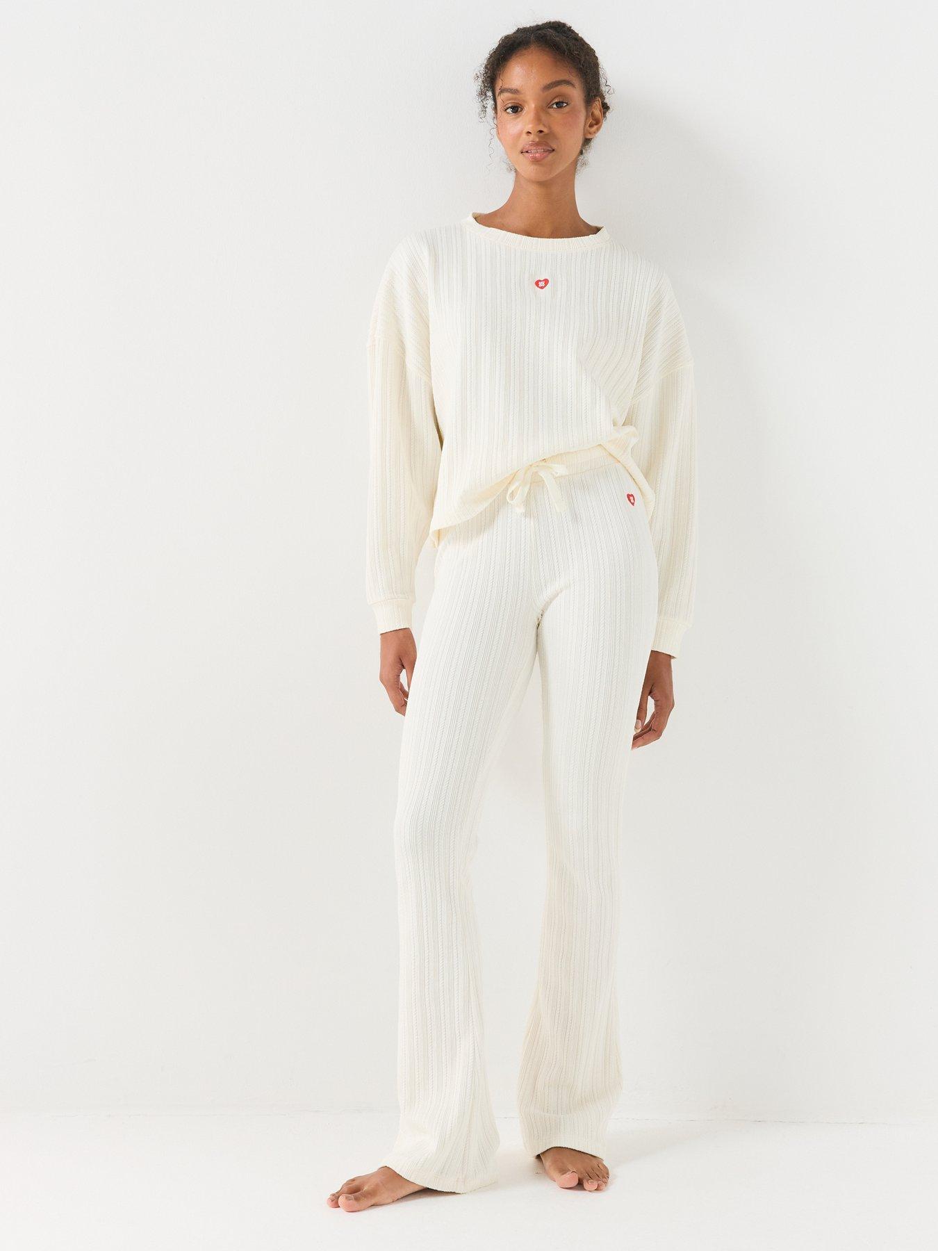Image 3 of 6 of HUGO Womens Cozy Ribbed Flared Trousers - Cream