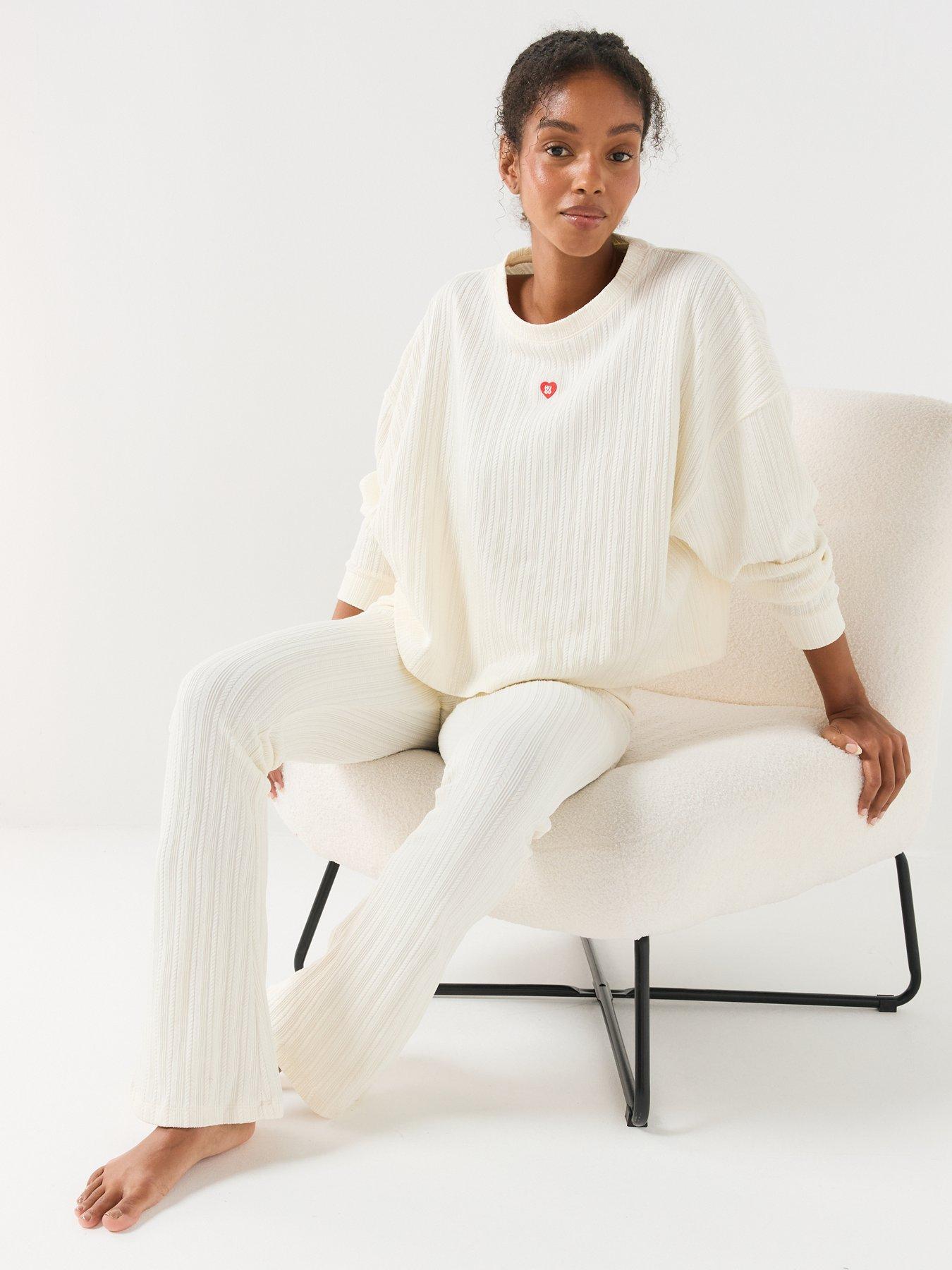 Image 4 of 6 of HUGO Womens Cozy Ribbed Flared Trousers - Cream