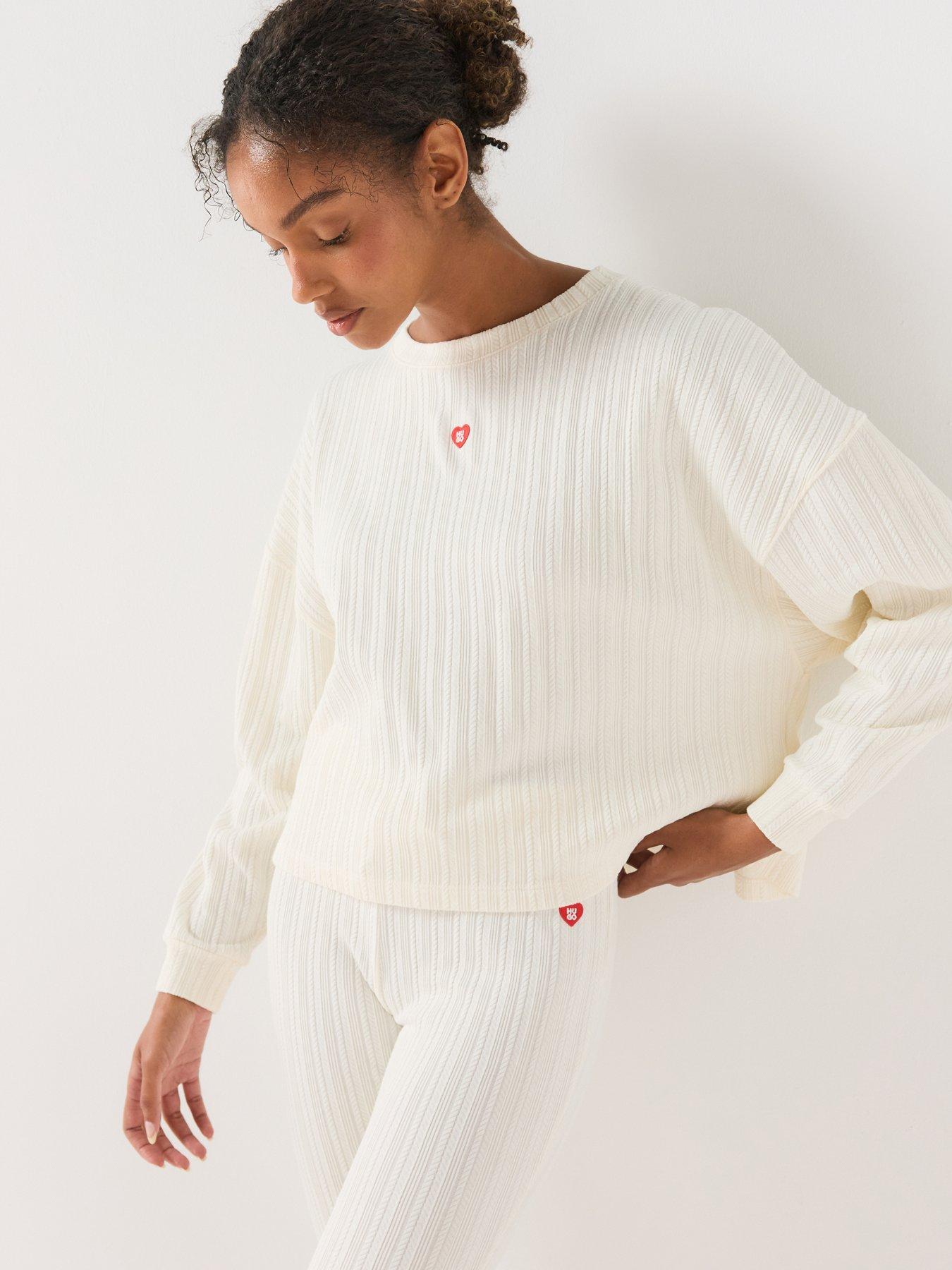 Image 6 of 6 of HUGO Womens Cozy Ribbed Flared Trousers - Cream