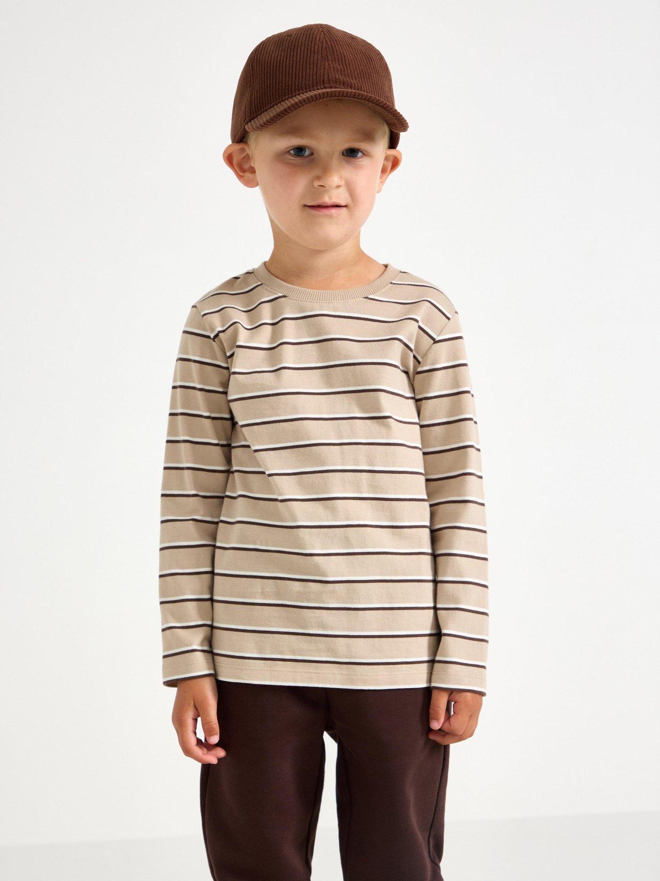 Image 1 of 4 of Lindex Boys Striped Long Sleeve Cotton T-Shirt - Beige