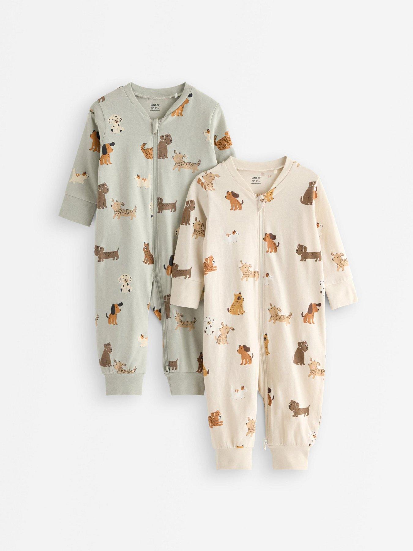 Image 1 of 3 of Lindex Baby Boys 2 Pack Zip Through Dog Print Rompers - Beige