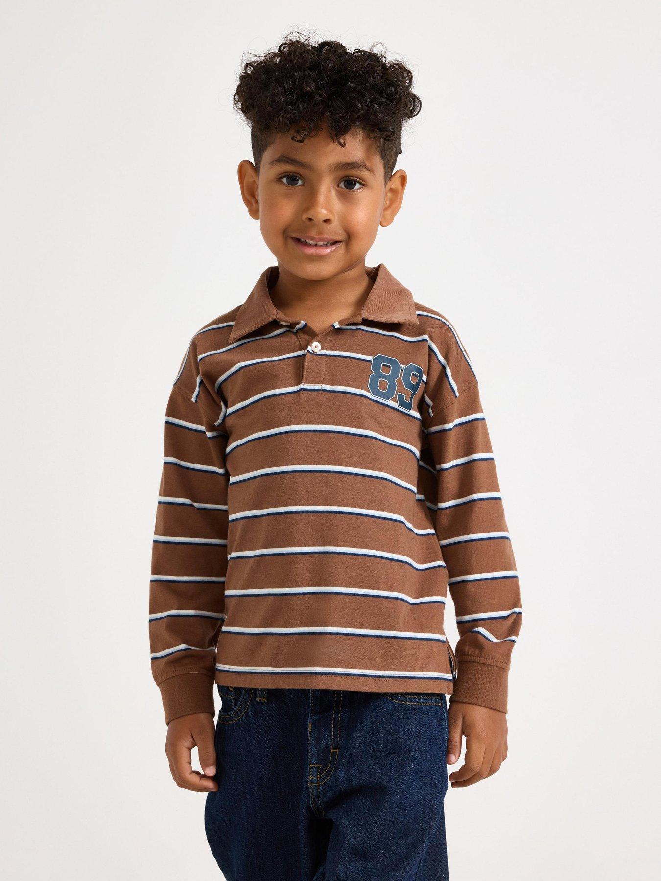 Image 1 of 4 of Lindex Boys Stripe 89 Badge Long Sleeve Rugby Shirt - Brown