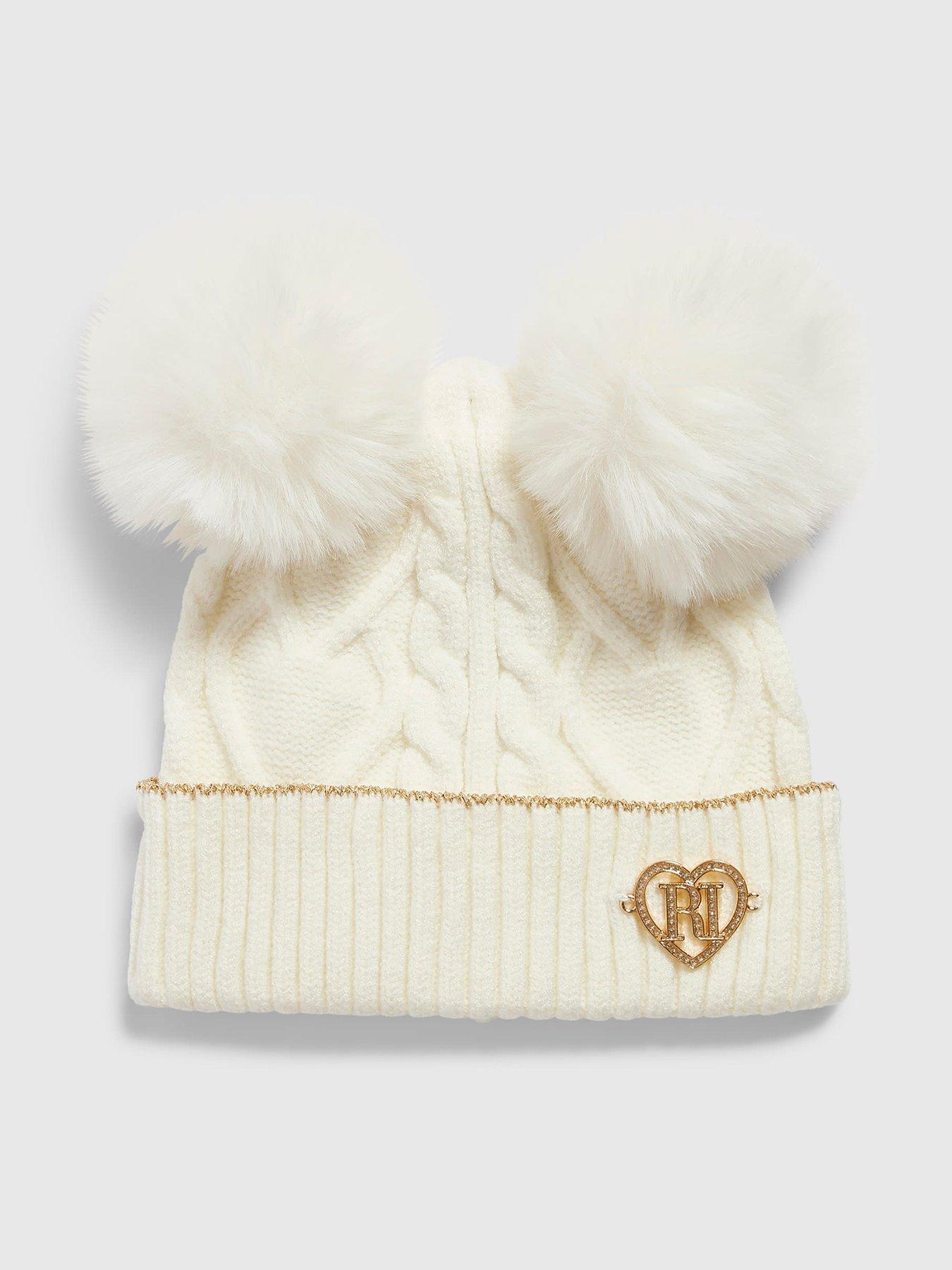Image 1 of 3 of River Island Mini Mini Girls Double Pom Beanie - Cream