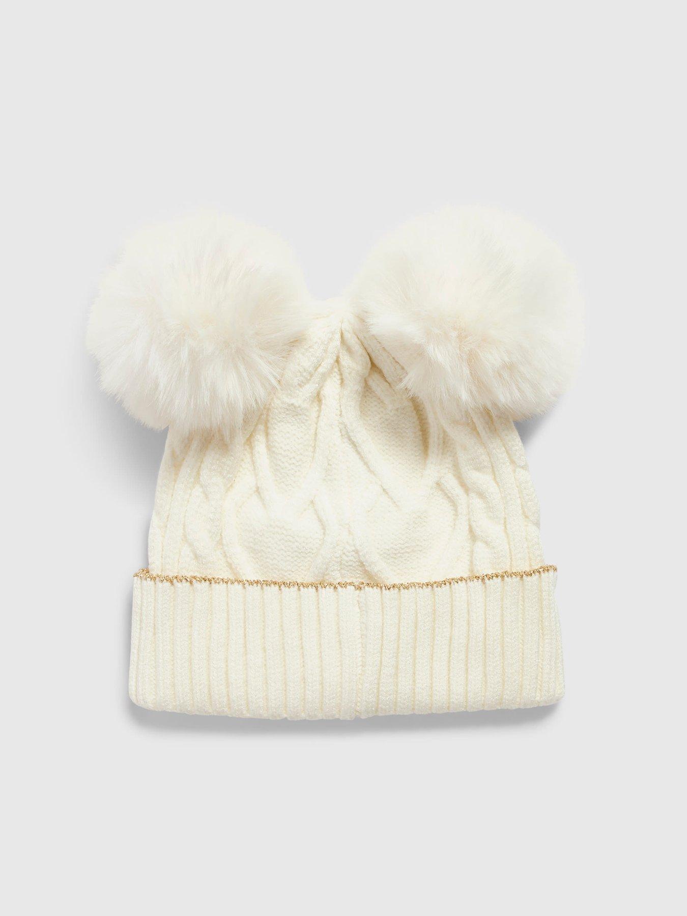 Image 2 of 3 of River Island Mini Mini Girls Double Pom Beanie - Cream
