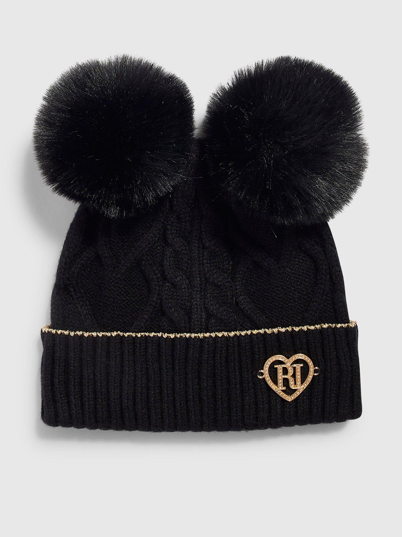 Image 1 of 3 of River Island Mini Mini Girls Double Pom Beanie - Black