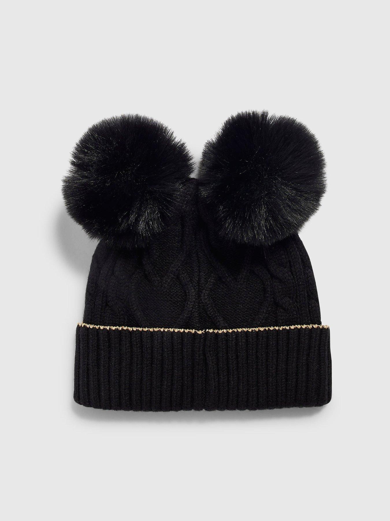 Image 2 of 3 of River Island Mini Mini Girls Double Pom Beanie - Black