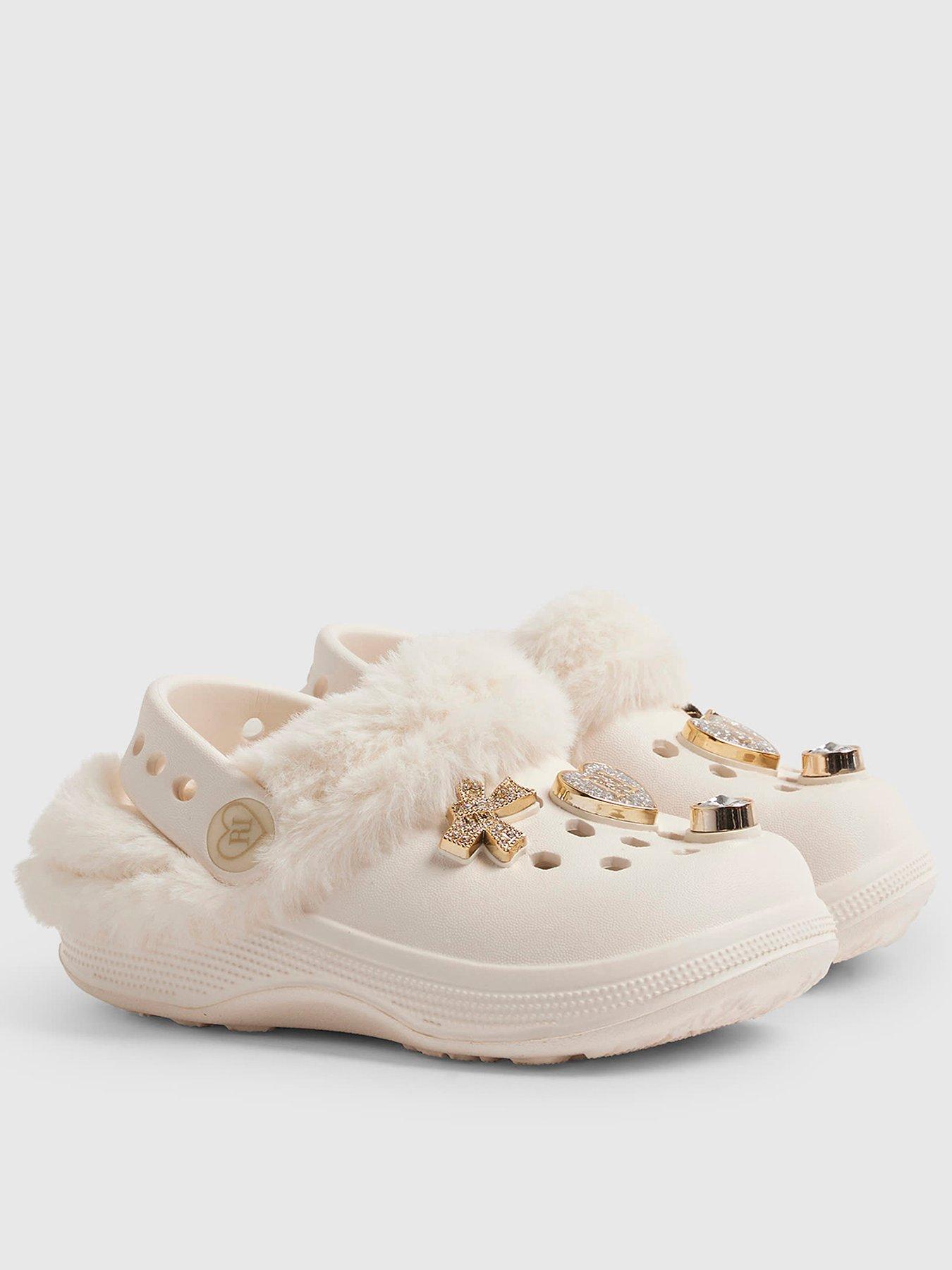 River Island Mini Girls Faux Fur Lined Gem Clogs - Cream