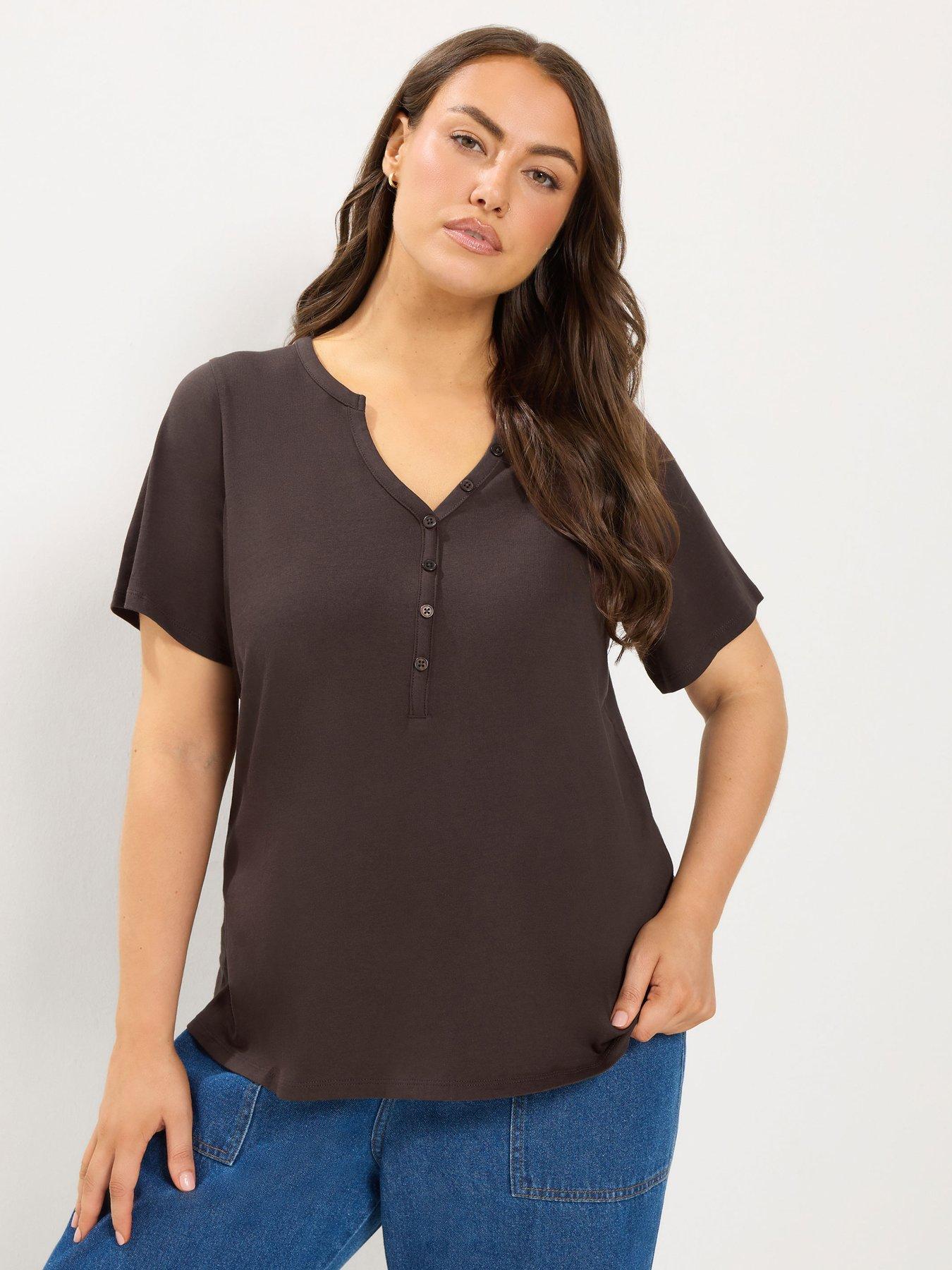 Yours Curve Short Sleeve Henley Button T-Shirt - Brown