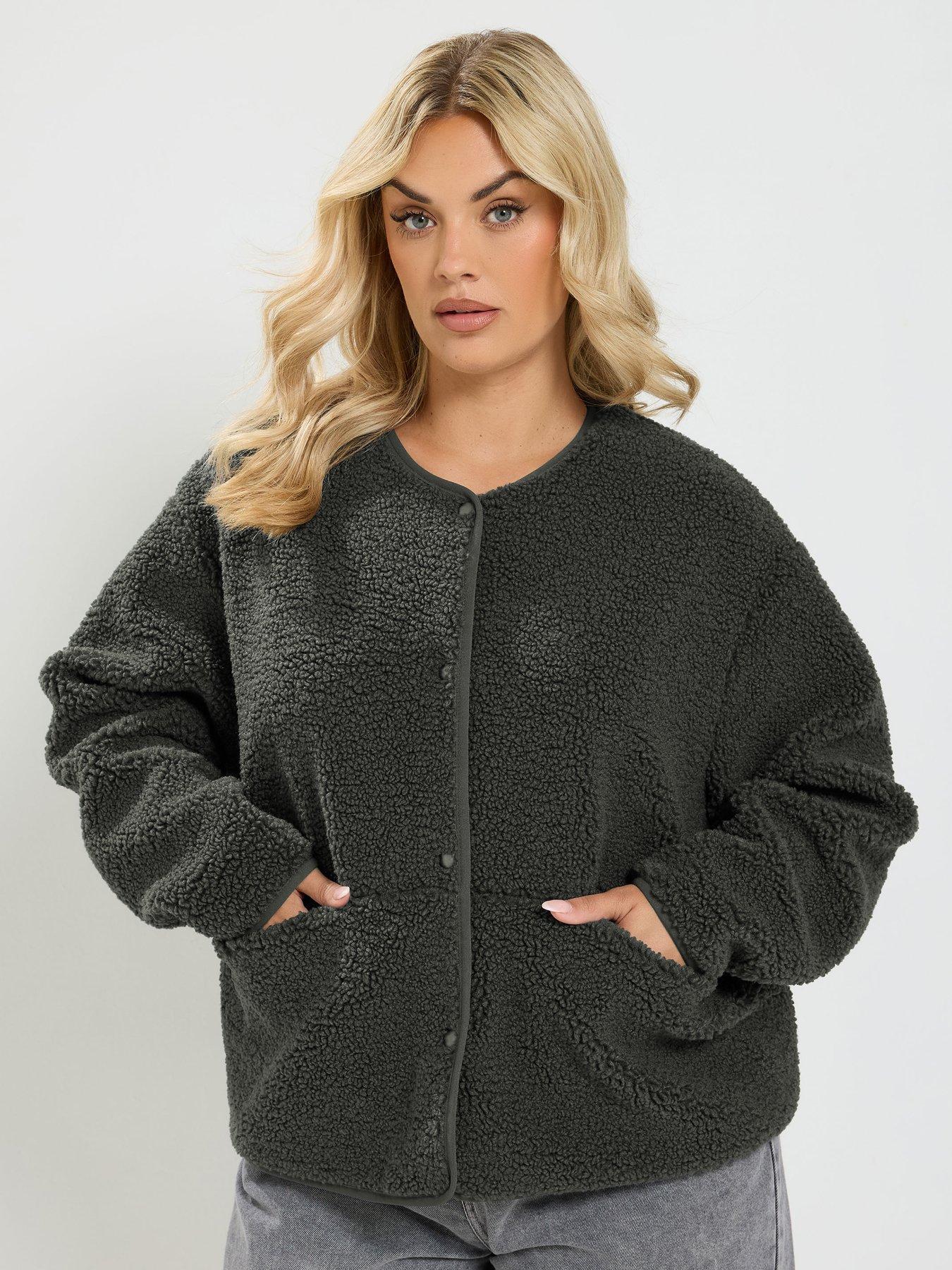 Yours Curve Collarless Popper Fleece - Grey
