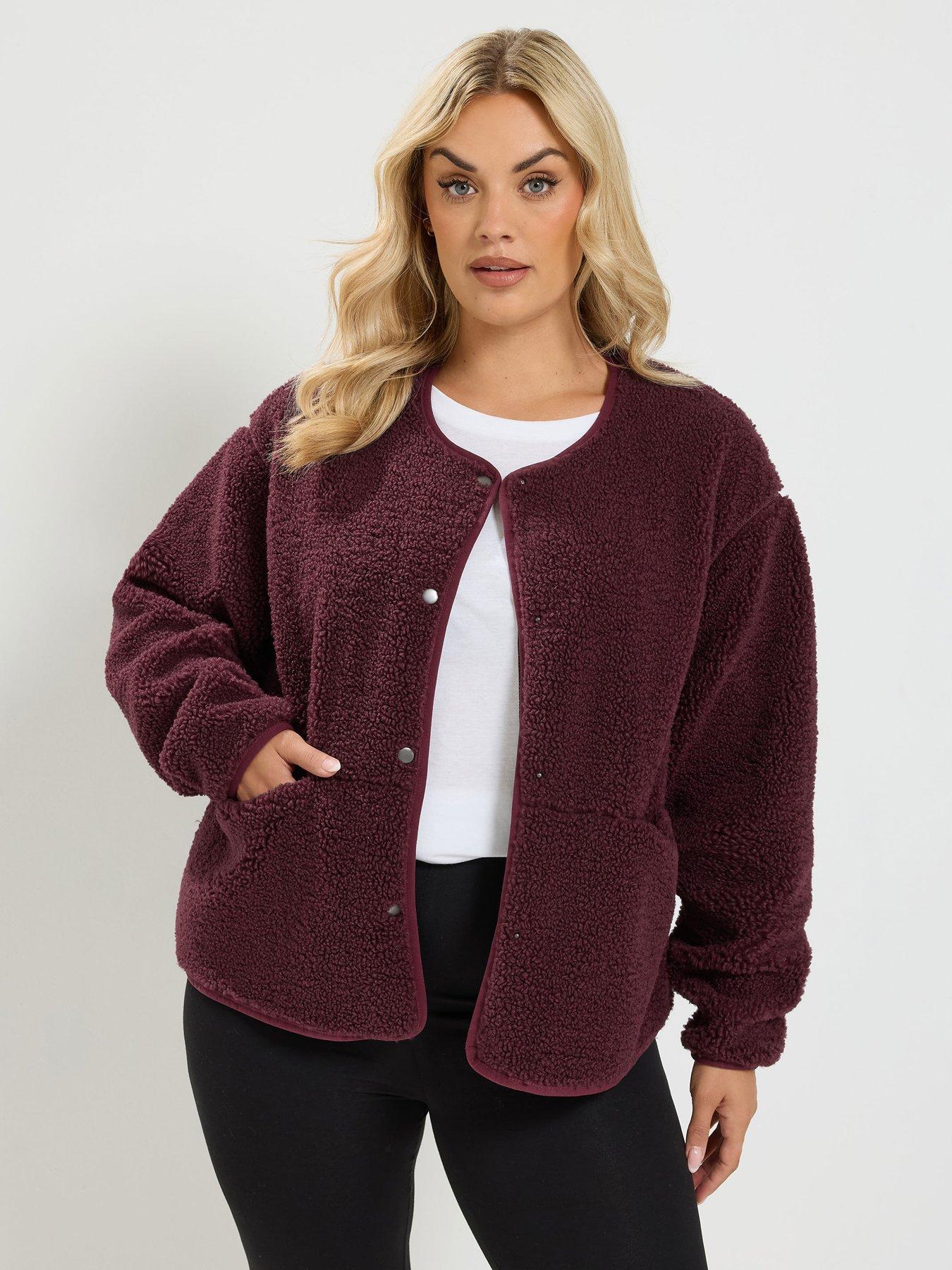 Yours Curve Collarless Popper Fleece Jacket - Red