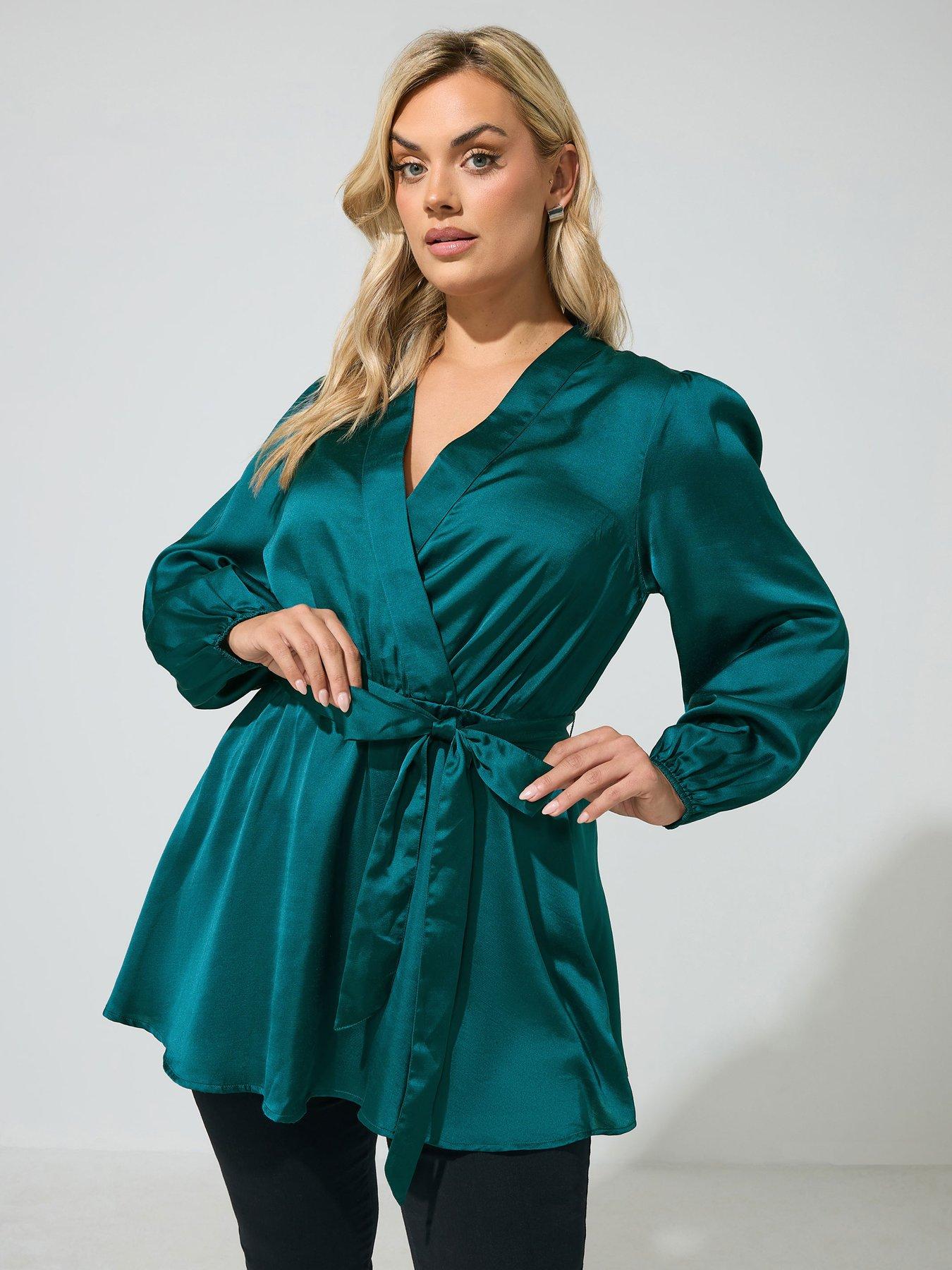 Yours Curve Satin Wrap Blouse - Green
