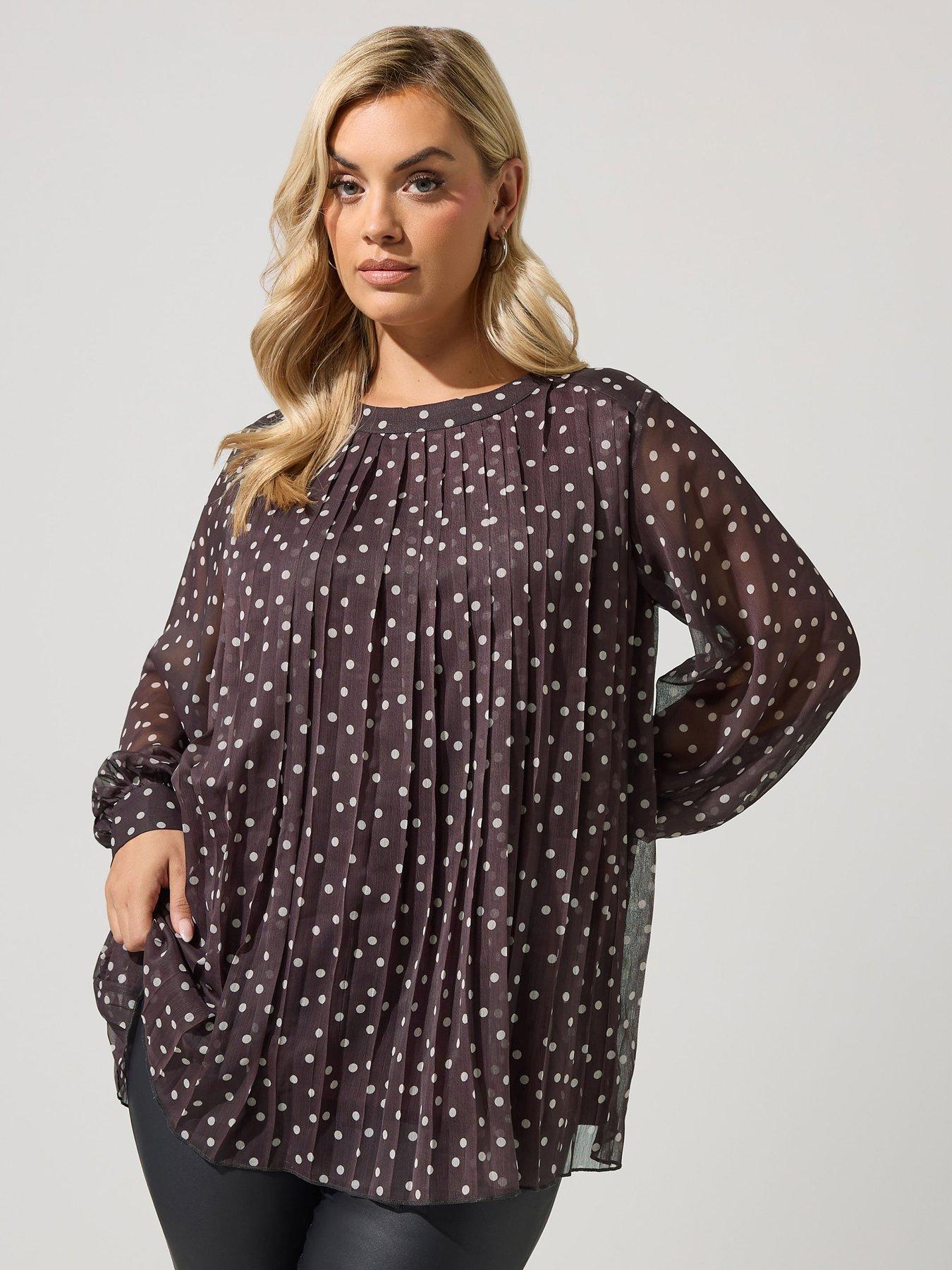 Image 1 of 4 of Yours Womens Plus Size Pleated Polka Dot Long Sleeve Blouse - Brown