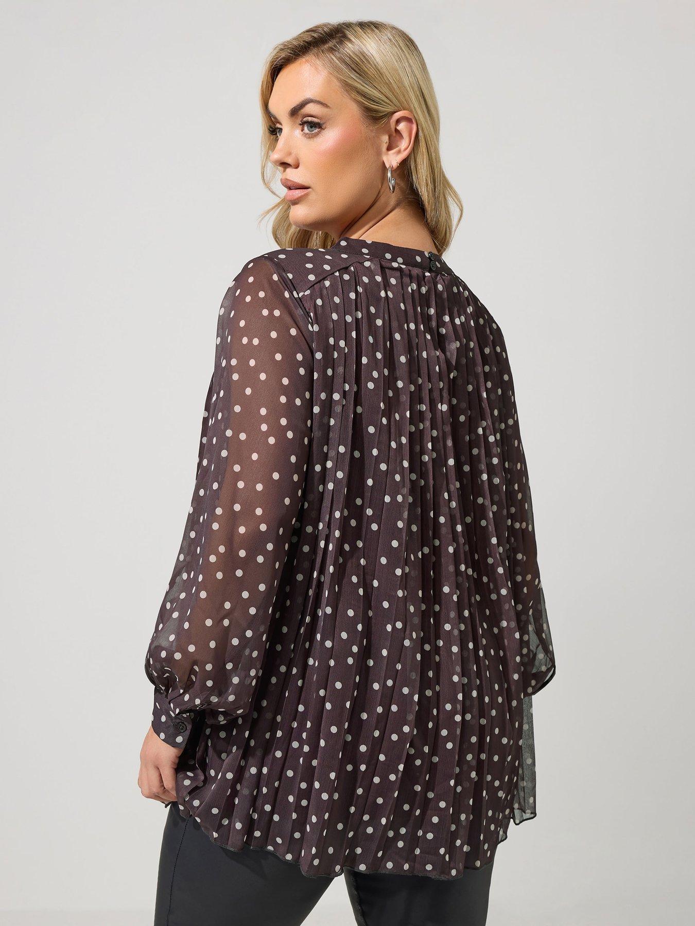Image 2 of 4 of Yours Womens Plus Size Pleated Polka Dot Long Sleeve Blouse - Brown