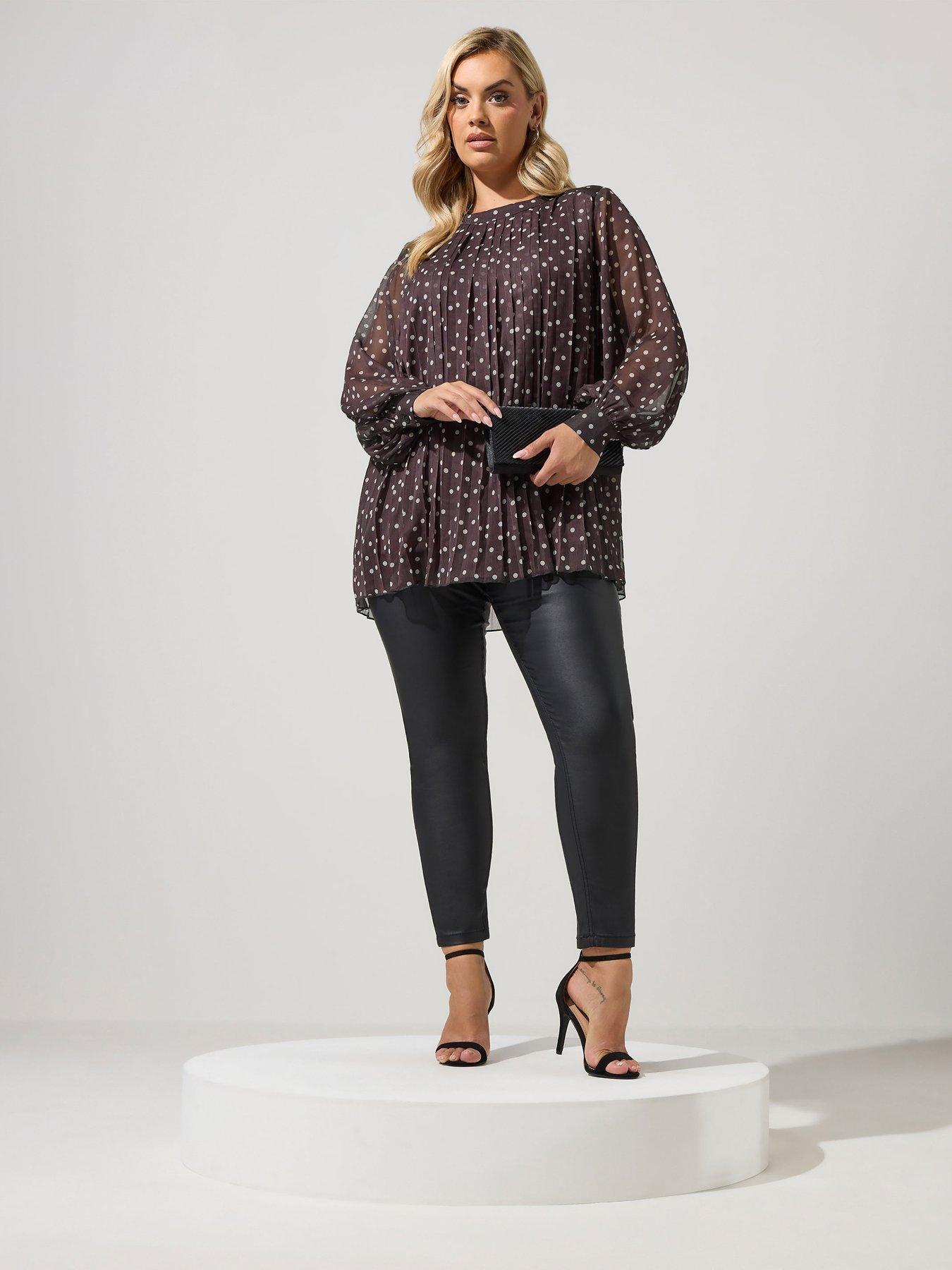 Image 3 of 4 of Yours Womens Plus Size Pleated Polka Dot Long Sleeve Blouse - Brown