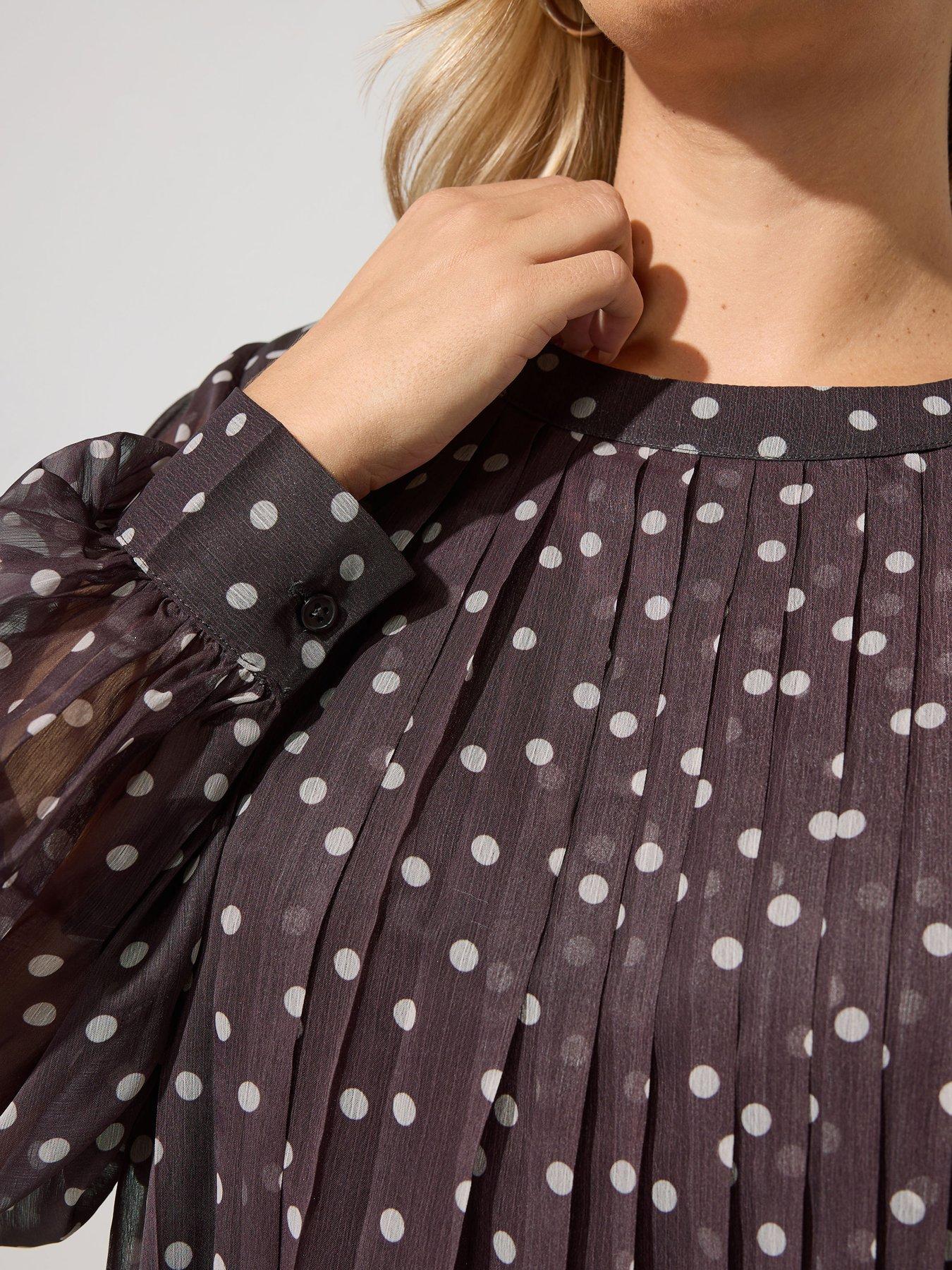 Image 4 of 4 of Yours Womens Plus Size Pleated Polka Dot Long Sleeve Blouse - Brown