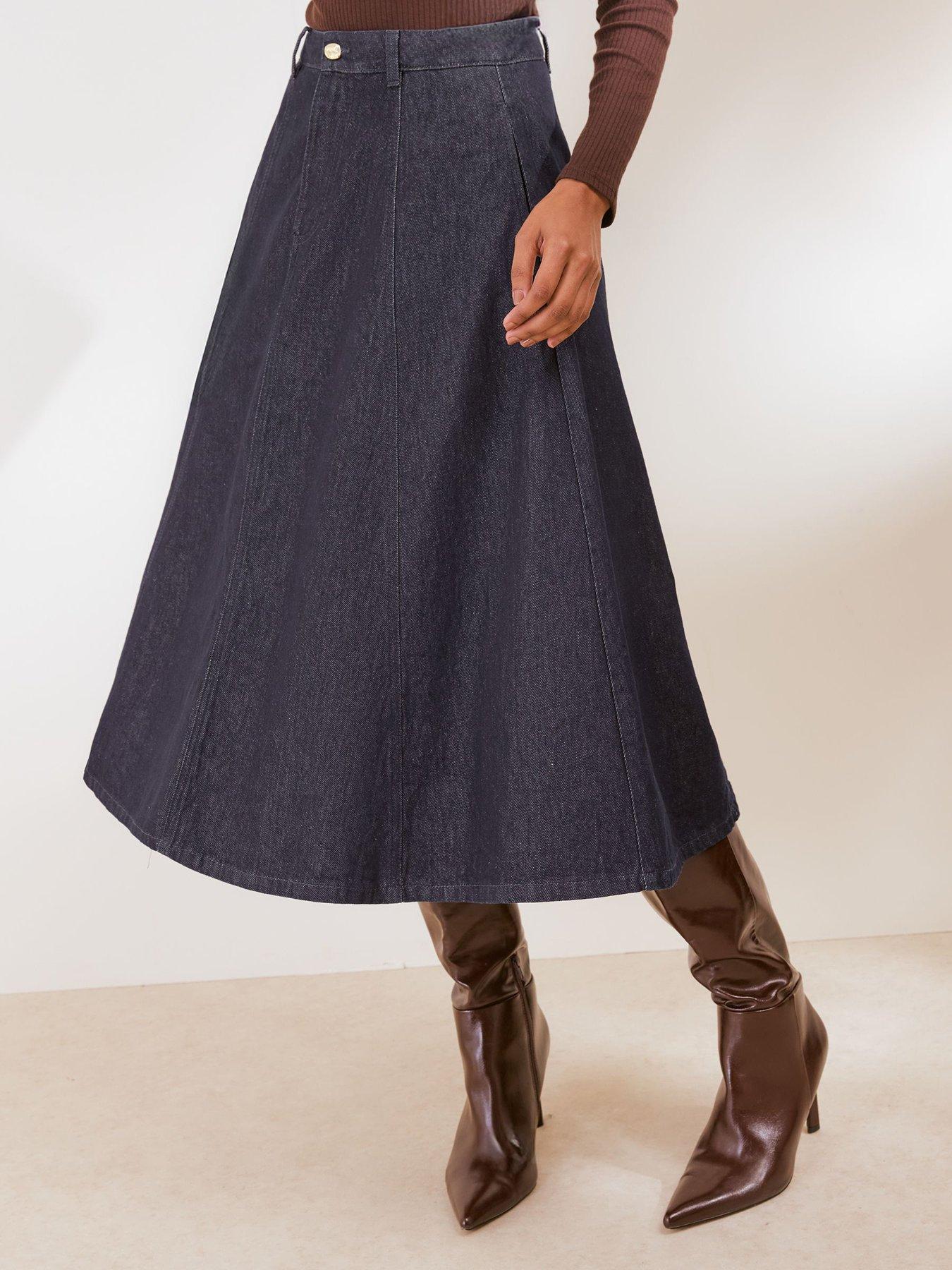 Image 1 of 5 of Friends Like These Rinse Wash Denim Seamed A Line Midi Skirt - Blue