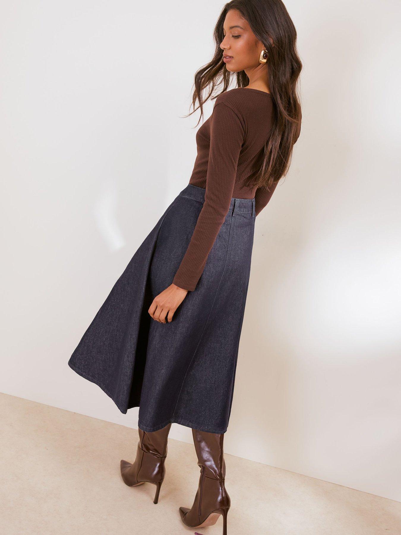Image 2 of 5 of Friends Like These Rinse Wash Denim Seamed A Line Midi Skirt - Blue
